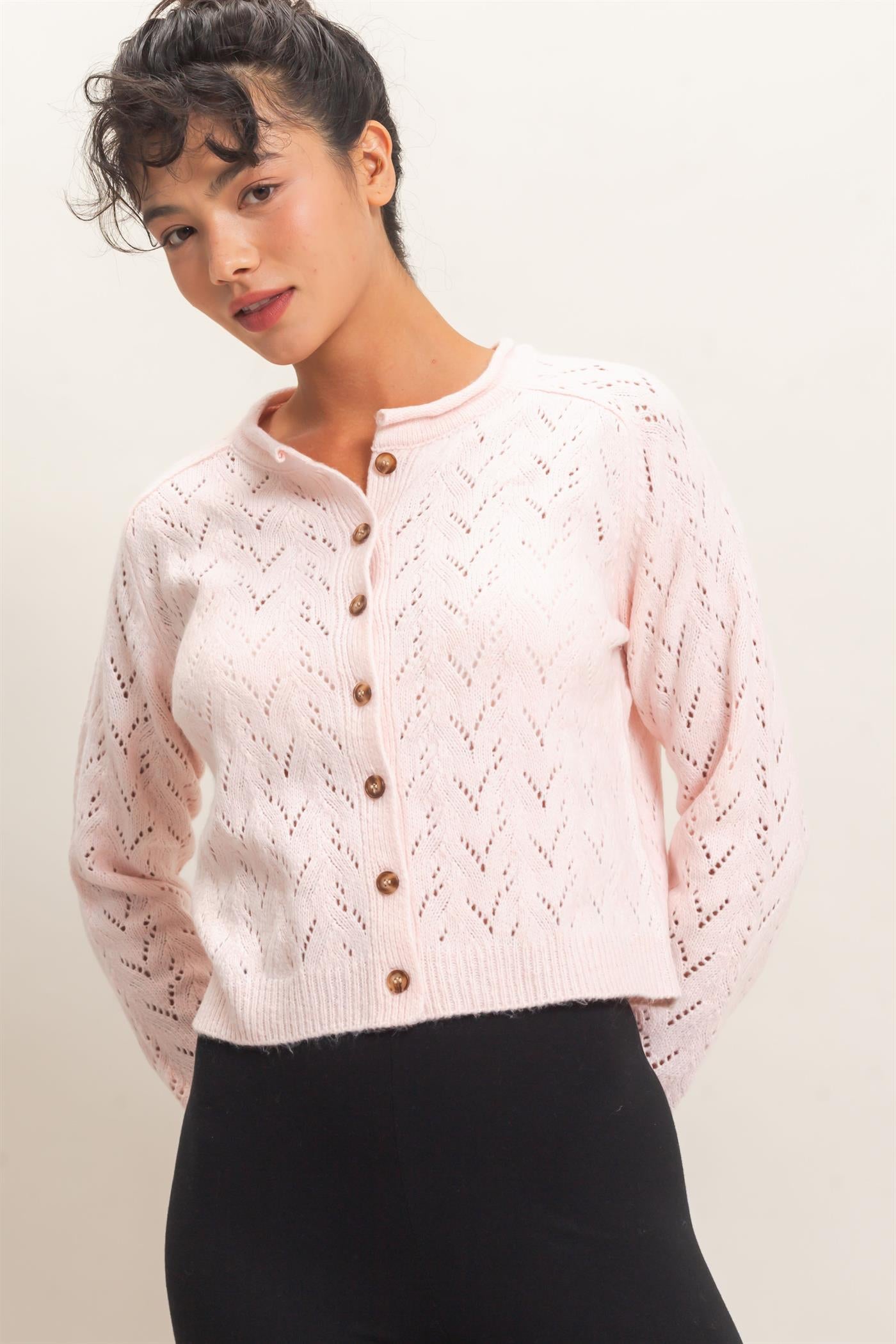 Wholesale Pointelle Knit Button Front Cardigan Cardigans DZ26C978 LIGHT PINK DOUBLE ZERO