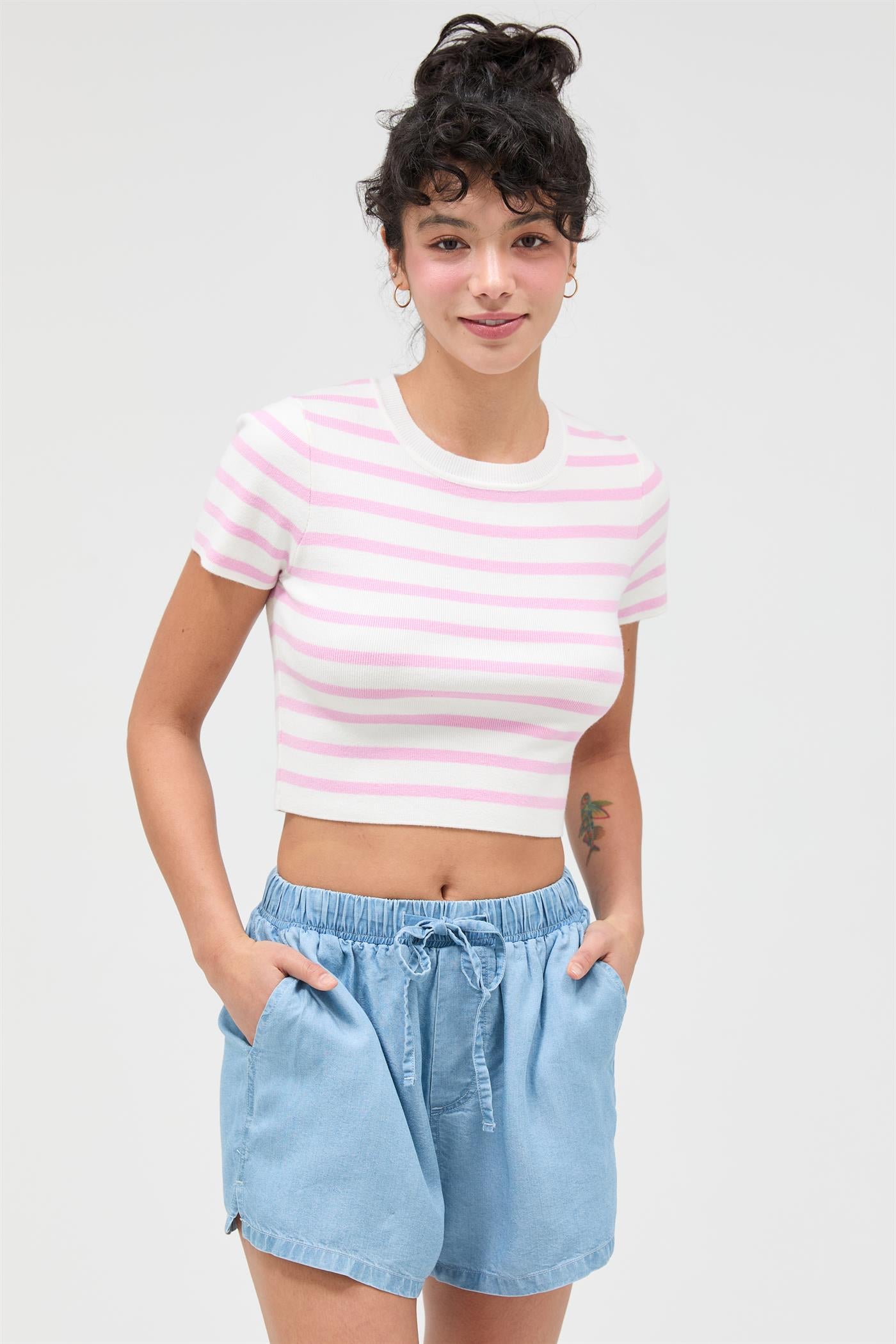 Wholesale Striped And Knit Crew Neck Crop Top Clothing Tops DZ26A139 PINK DOUBLE ZERO