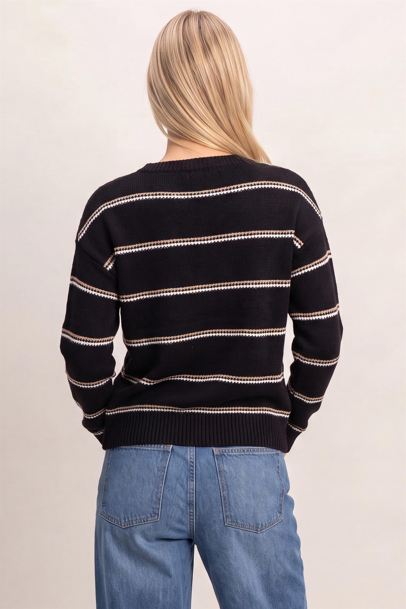 Wholesale Striped Crew Neck Sweater Sweaters HF26E696-D BLACK HYFVE