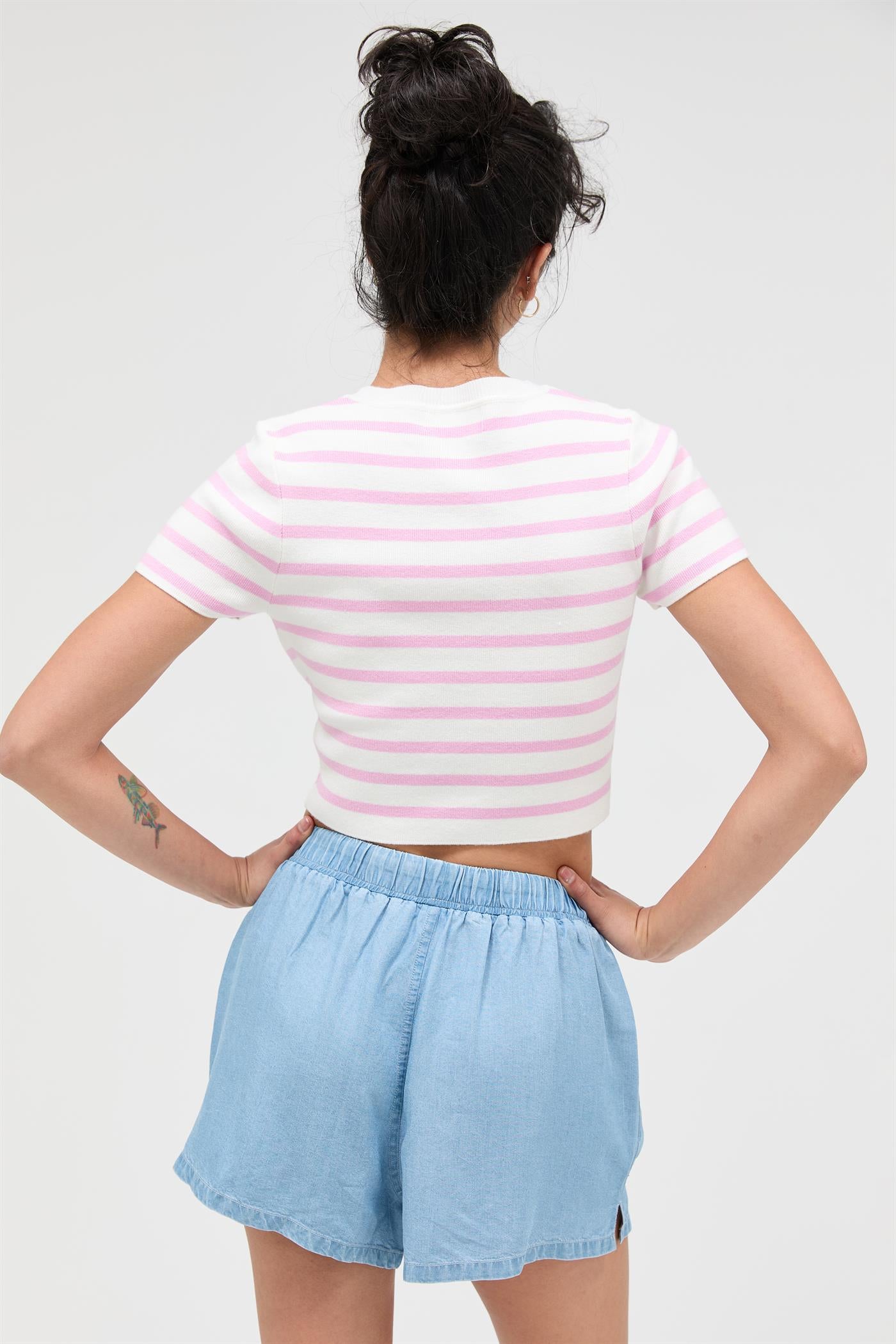Wholesale Striped And Knit Crew Neck Crop Top Clothing Tops DZ26A139 PINK DOUBLE ZERO