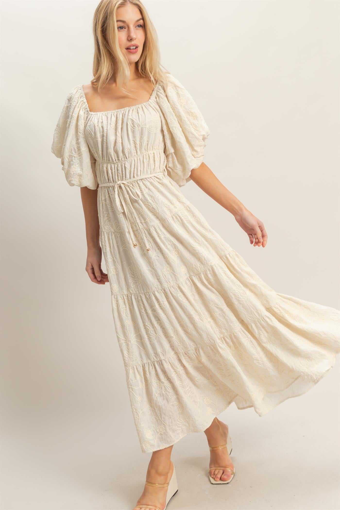 Wholesale Floral Puff Sleeve Midi Dress Dresses HF26C777-D CREAM HYFVE