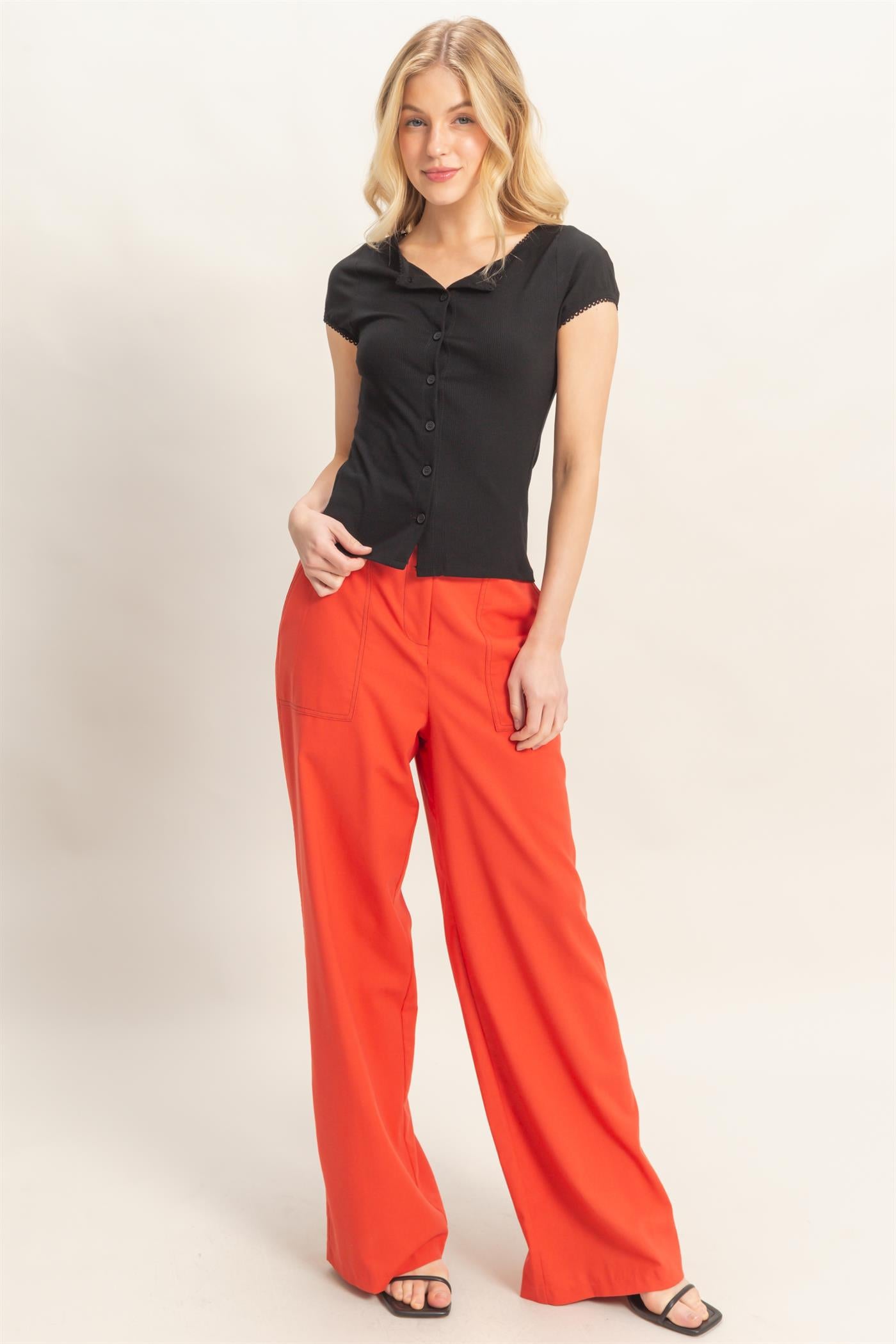 Wholesale Scalloped Button Front Top Clothing Tops HF26C607 BLACK HYFVE