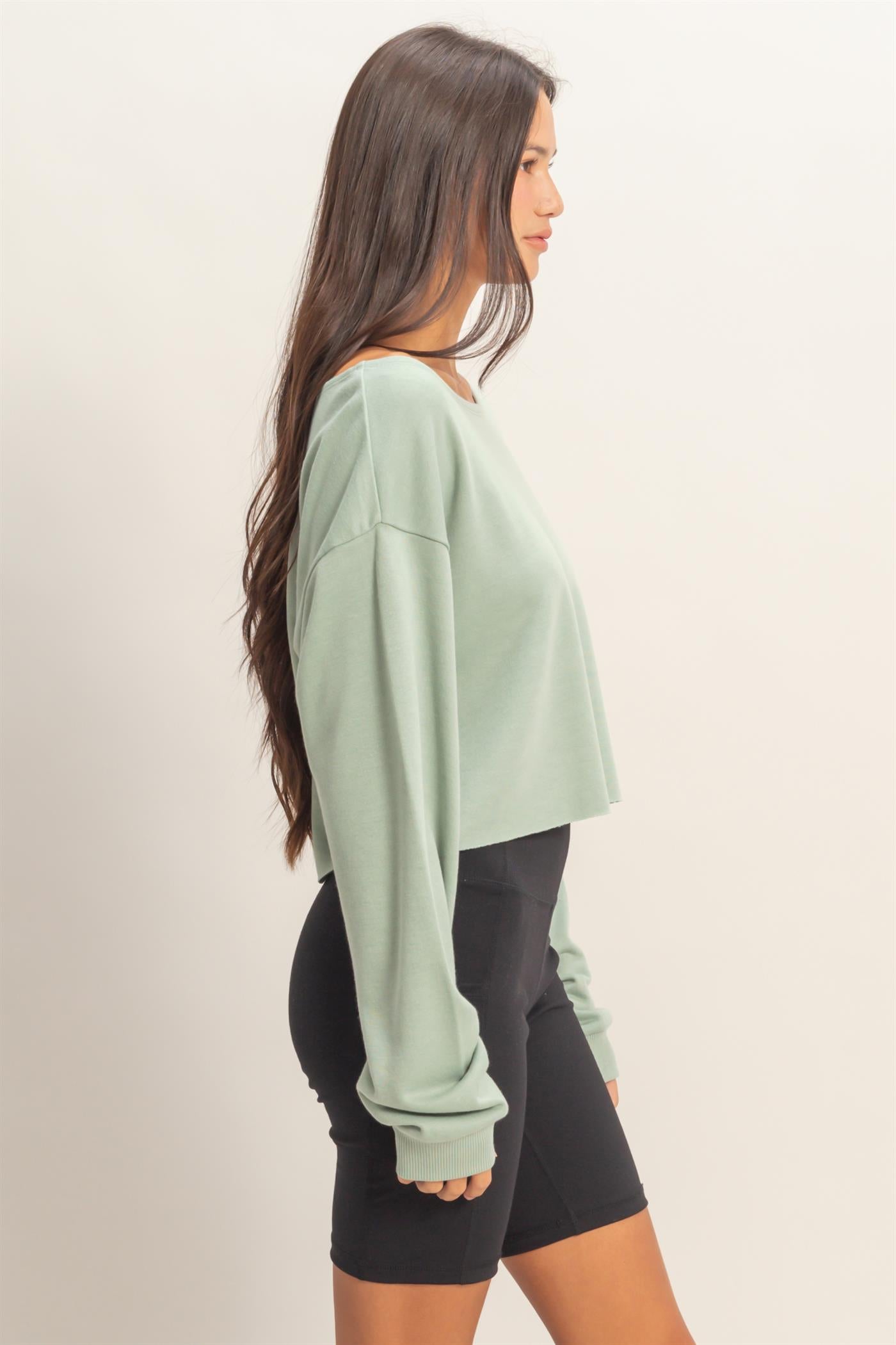 Wholesale Casually Cute Boat Neck Long Sleeve Top Clothing Tops DZ25C023 SAGE GREEN DOUBLE ZERO