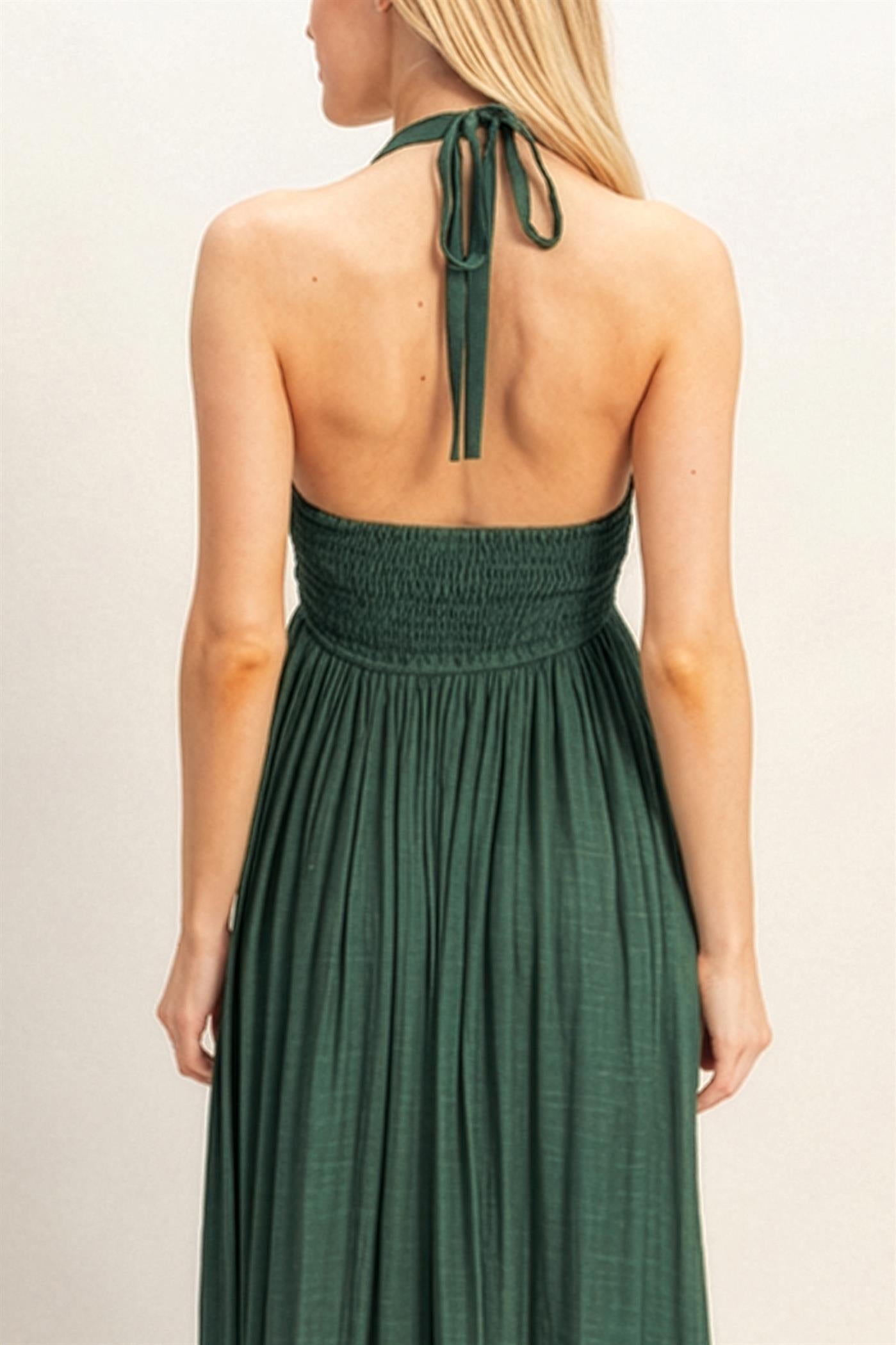 Wholesale Halter Neck Smocked Maxi Dress Dresses HF26C287-D HUNTER GREEN HYFVE