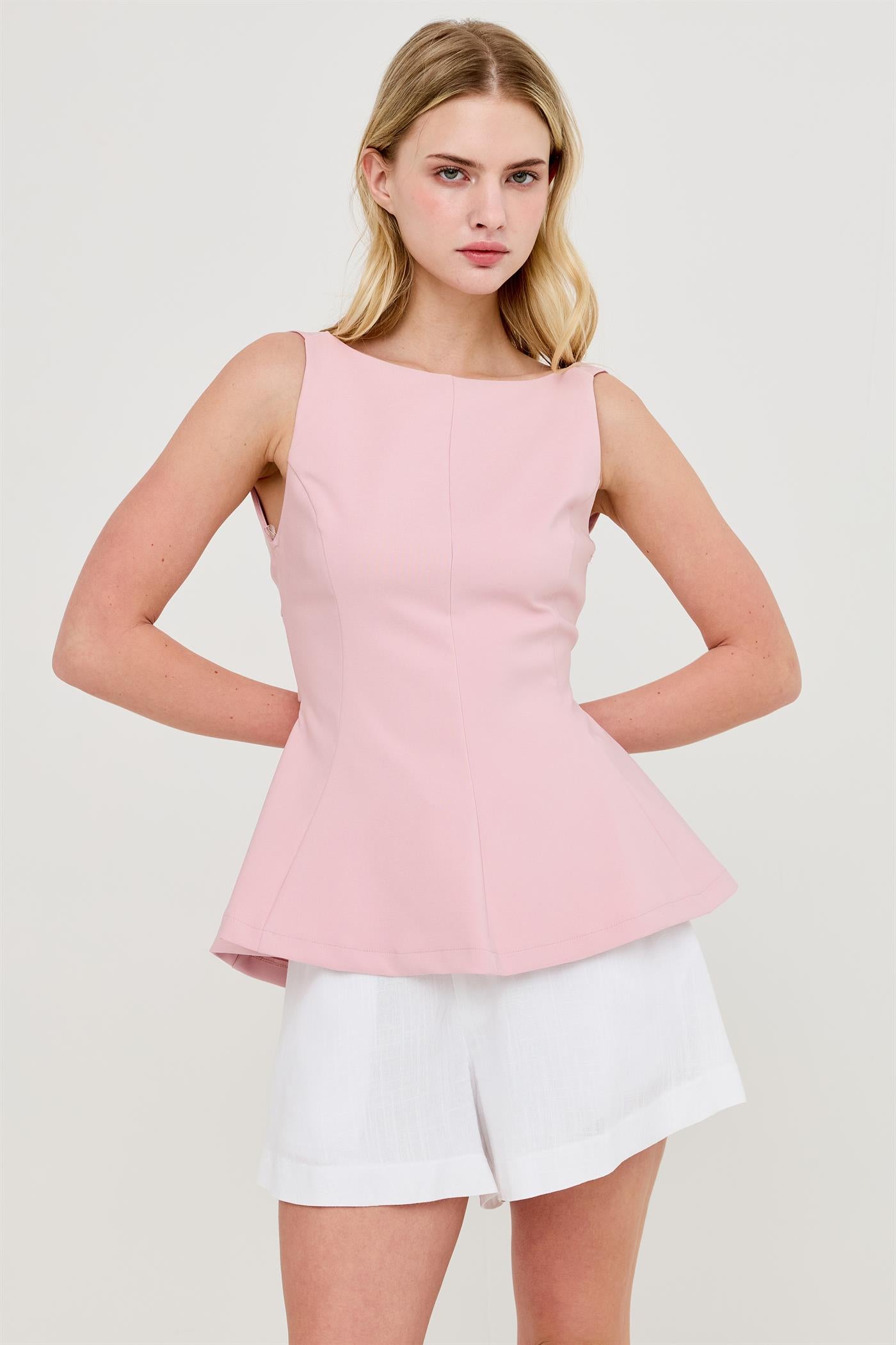 Wholesale Sleeveless Open Back Peplum Top Clothing Tops HF26A292 PINK HYFVE