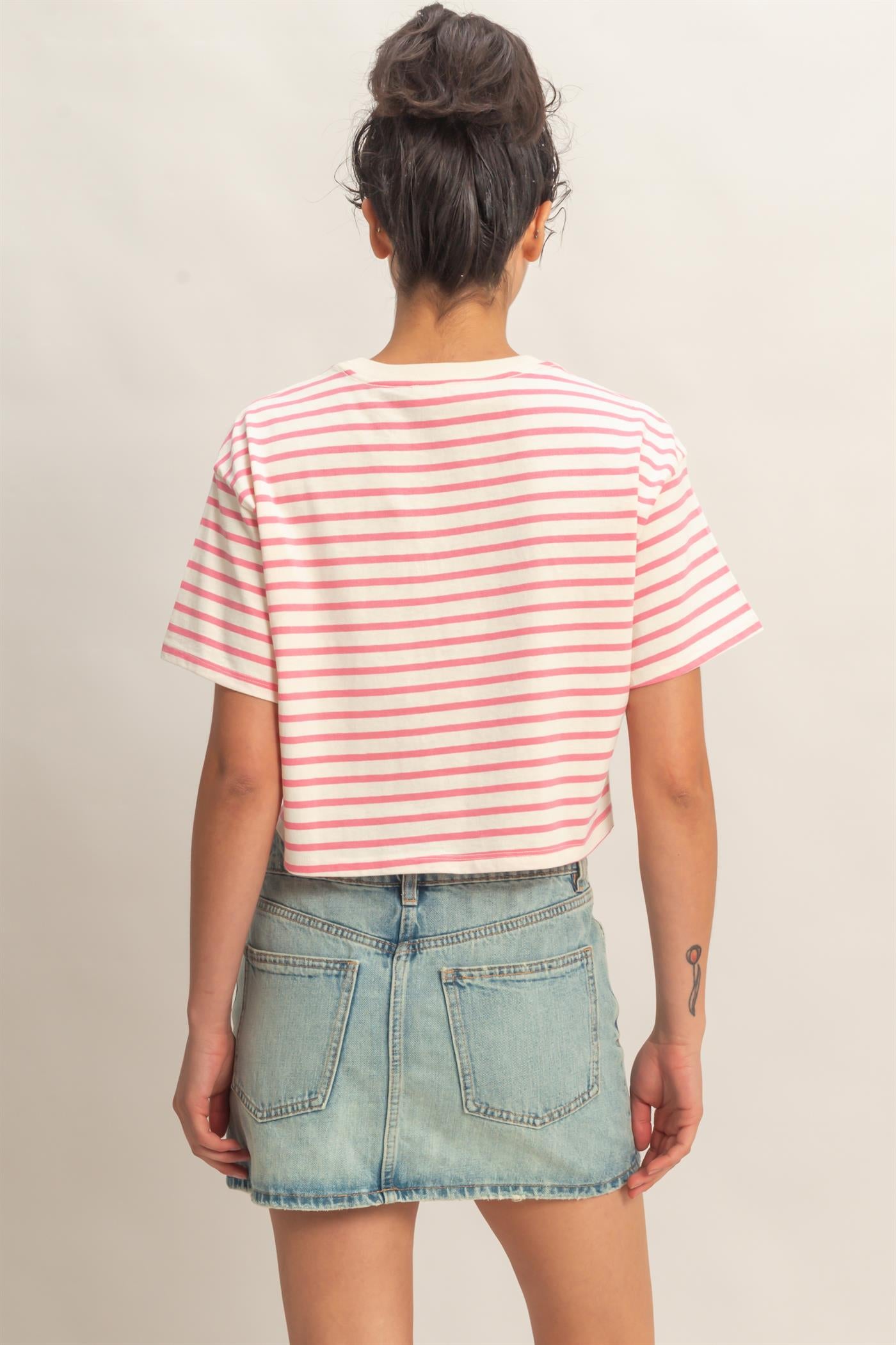 Wholesale Striped Oversized Short Sleeve Cropped Tee Clothing Tops DZ26C023 PINK DOUBLE ZERO