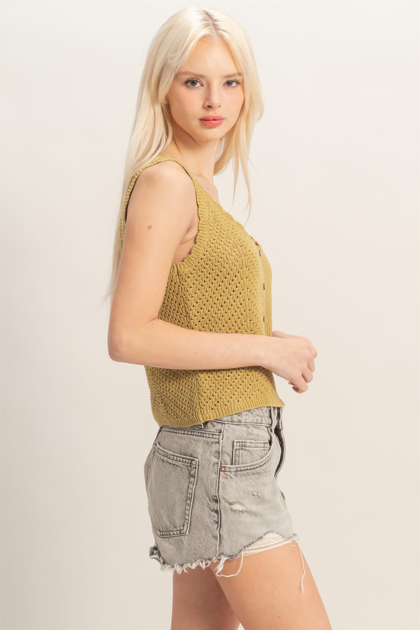 Wholesale Open Knit Scallop Edge Button Front Tank Top Tank Tops DZ26A221 OLIVE DOUBLE ZERO