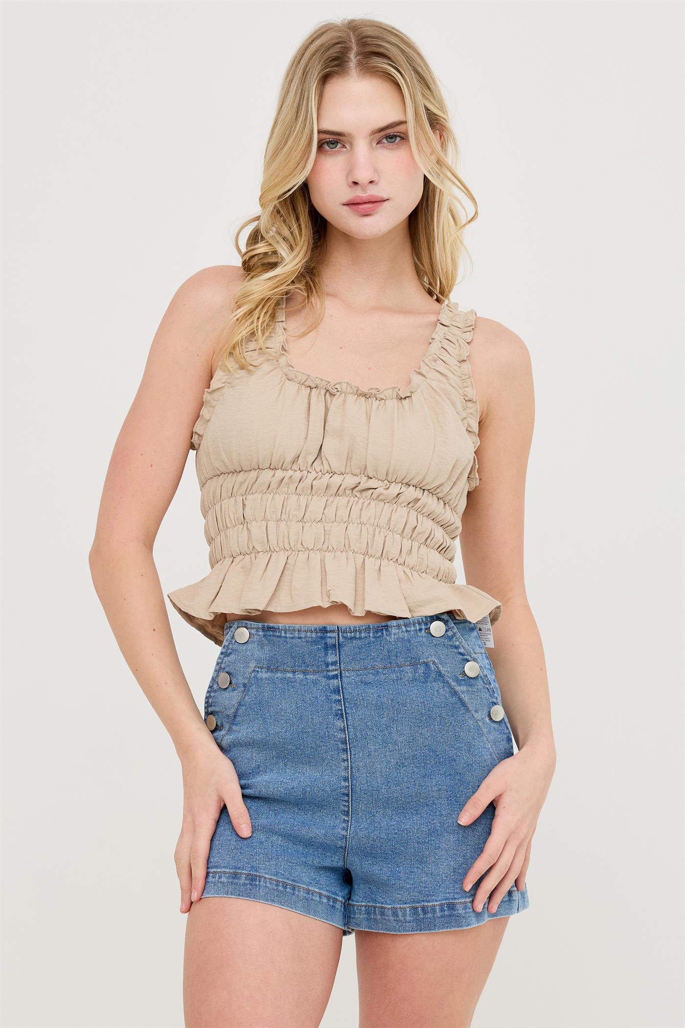 Wholesale Ruched Square Neck Smocked Top Clothing Tops HF26E388-D DARK TAUPE HYFVE