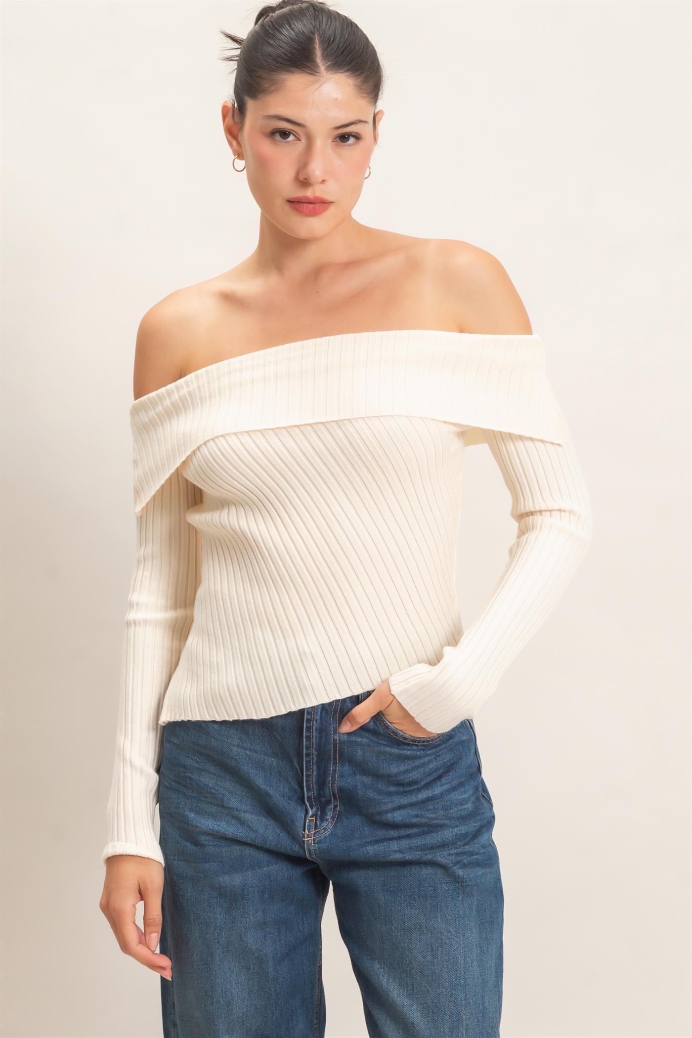 Wholesale Ribbed Off-Shoulder Sweater Sweaters HF26E937 CREAM HYFVE