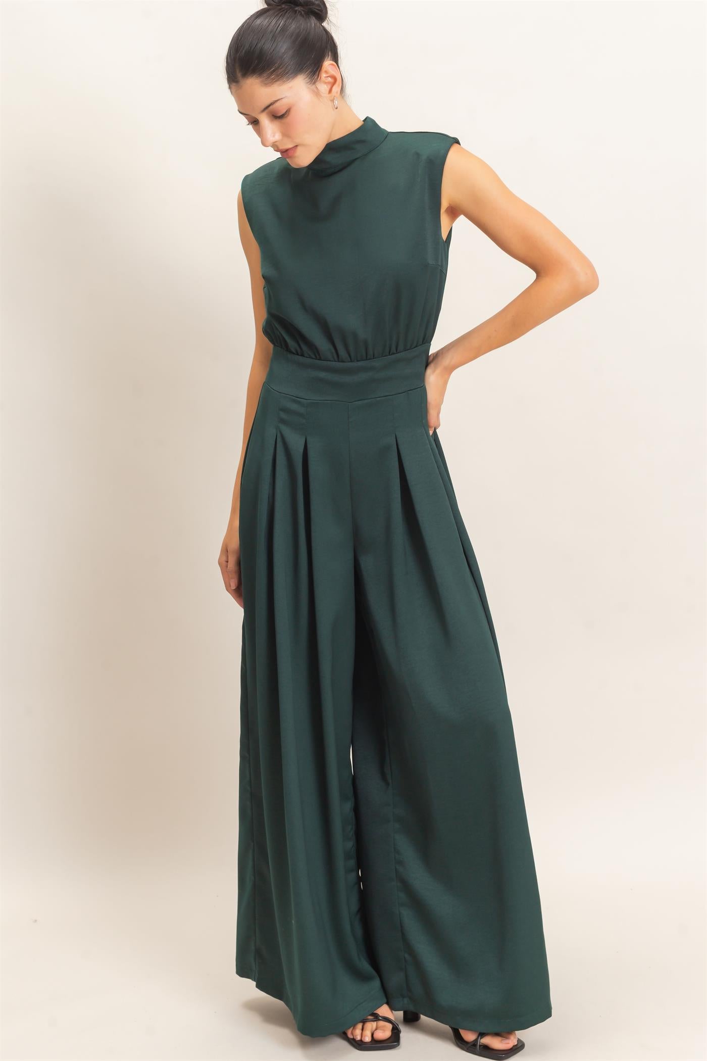 Wholesale Sleeveless Mock Neck Jumpsuit Clothing HF26F209-D D.GREEN HYFVE