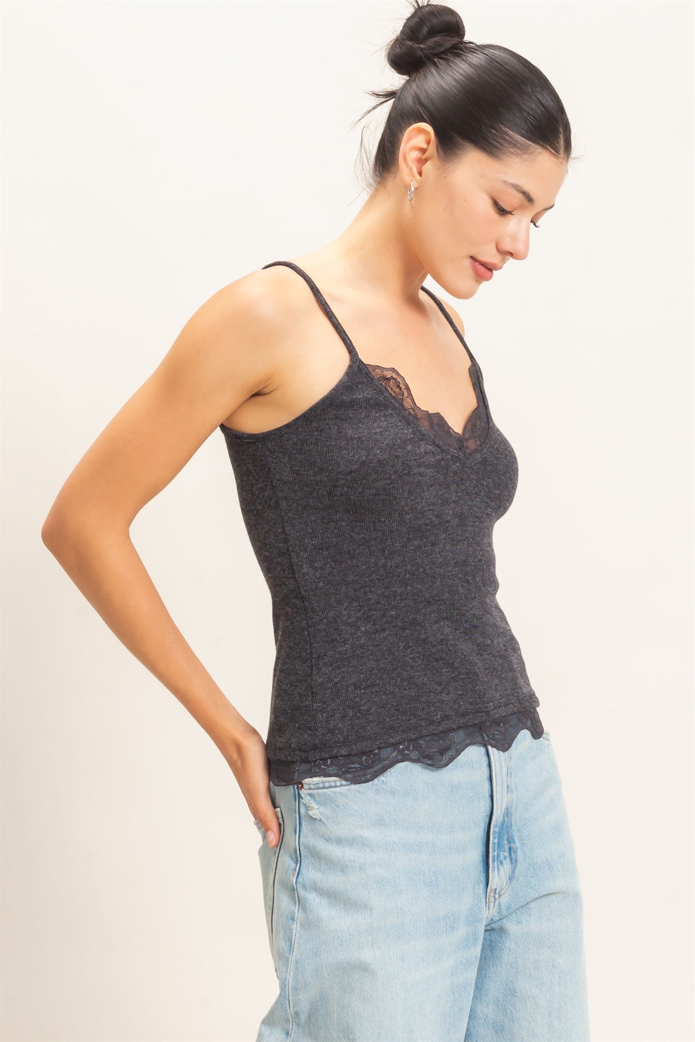 Wholesale Knit Lace Trim Camisole Tank Tops HF26E014 CHARCOAL HYFVE