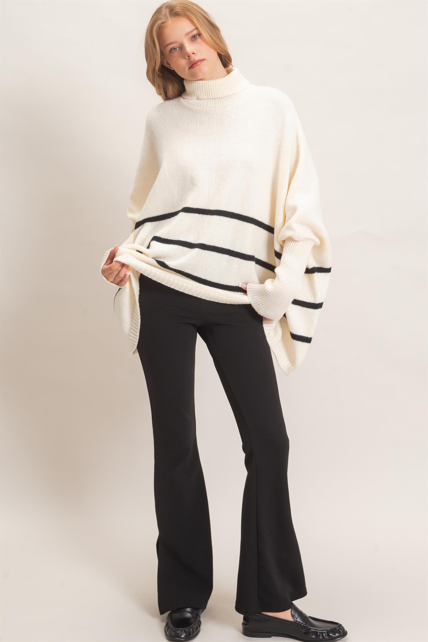 Wholesale Striped Turtleneck Poncho Sweater Sweaters HF26F194 WARM WHITE HYFVE
