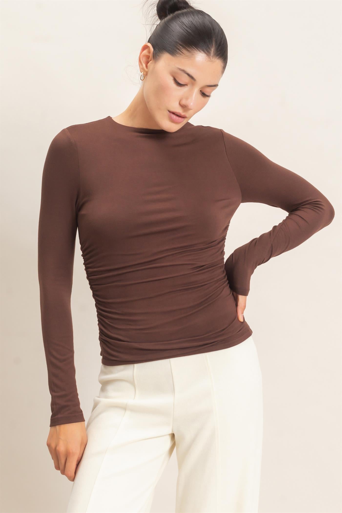 Wholesale Ruched Long Sleeve Top Clothing Tops HF26E776 ESPRESSO HYFVE
