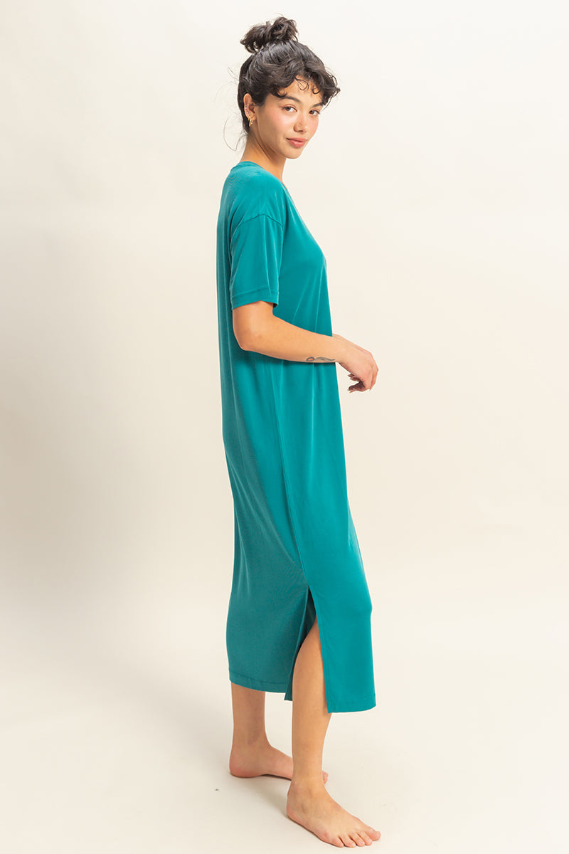 Wholesale Side Slit T-Shirt Midi Dress Dresses DZ23A961 TEAL DOUBLE ZERO