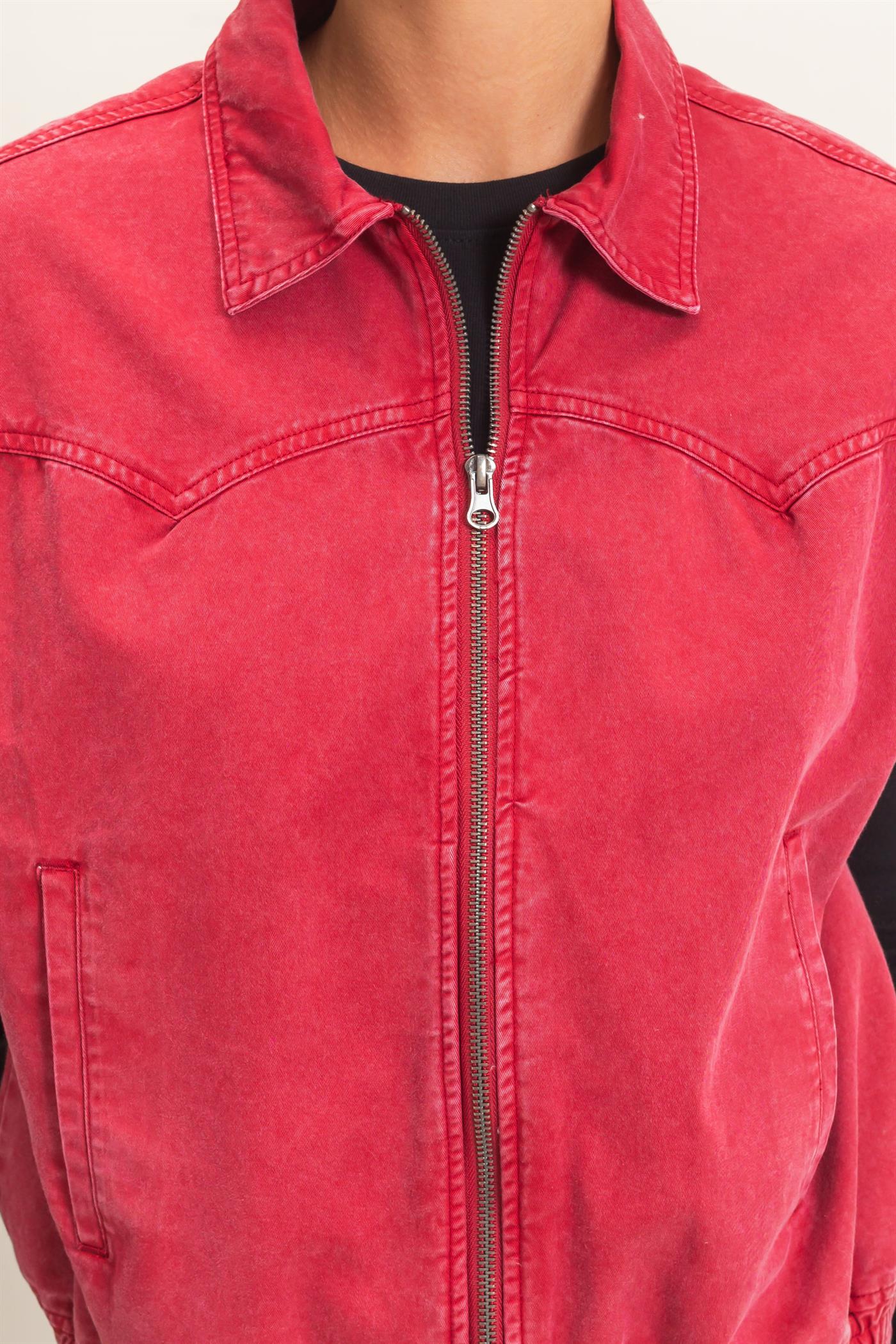 Wholesale Mineral Wash Sleeveless Zip-Up Collar Vest Vests DZ26E392 DARK RED DOUBLE ZERO