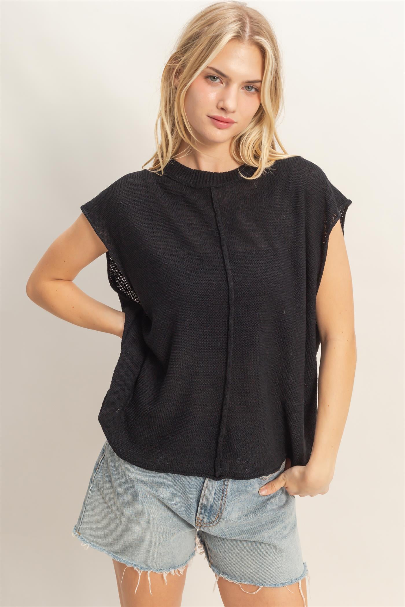 Wholesale Sleeveless Ribbed Knit Top Sweaters HF26A633 BLACK HYFVE