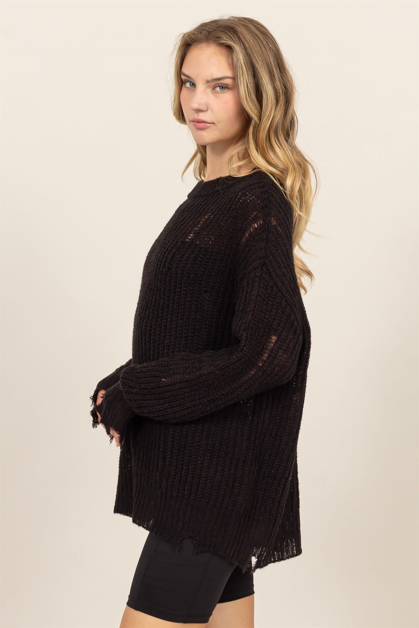 Wholesale Distressed Knit Sweater Sweaters DZ23F192 BLACK DOUBLE ZERO