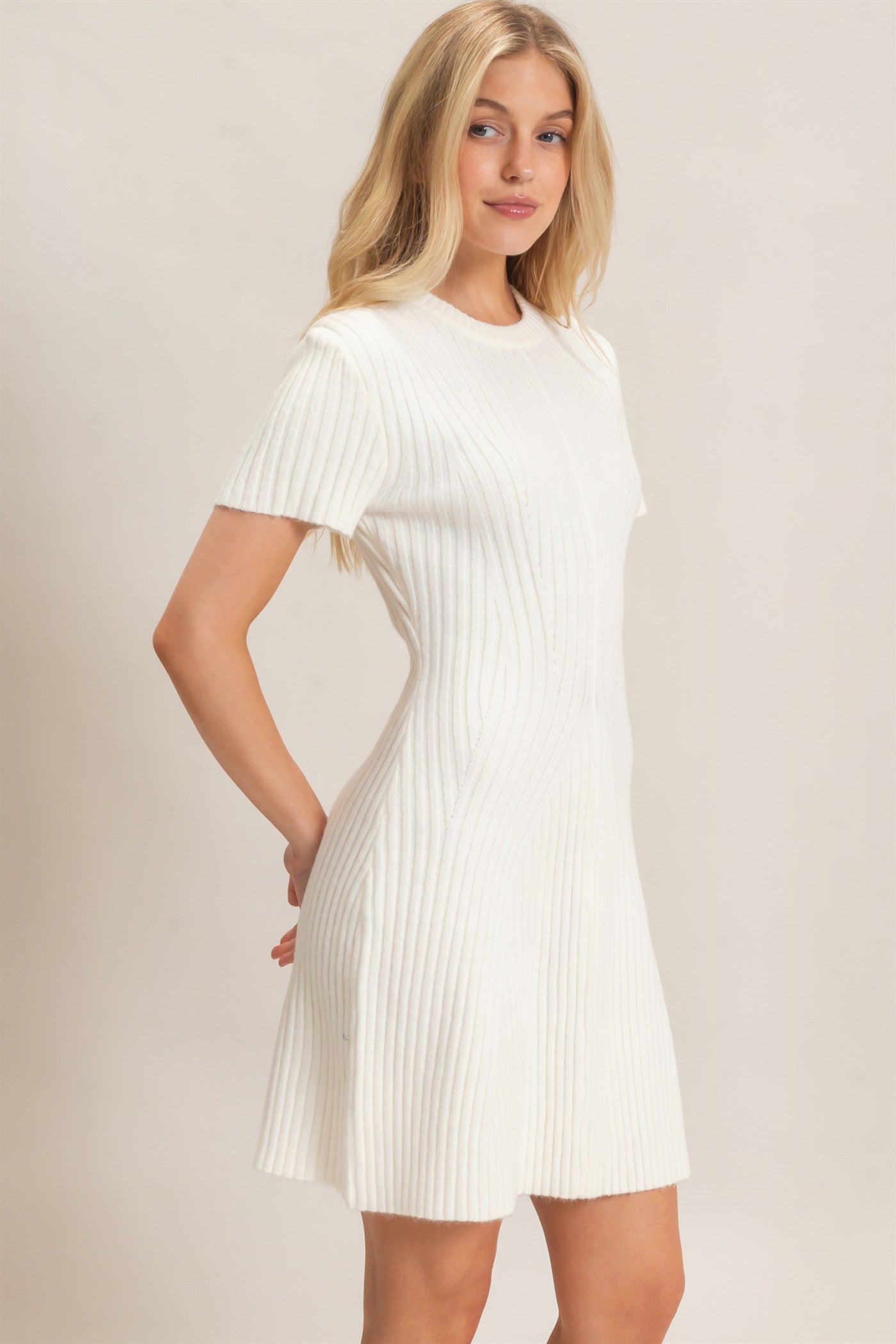Wholesale Ribbed Crew Neck Dress Dresses HF26C989 CREAM HYFVE