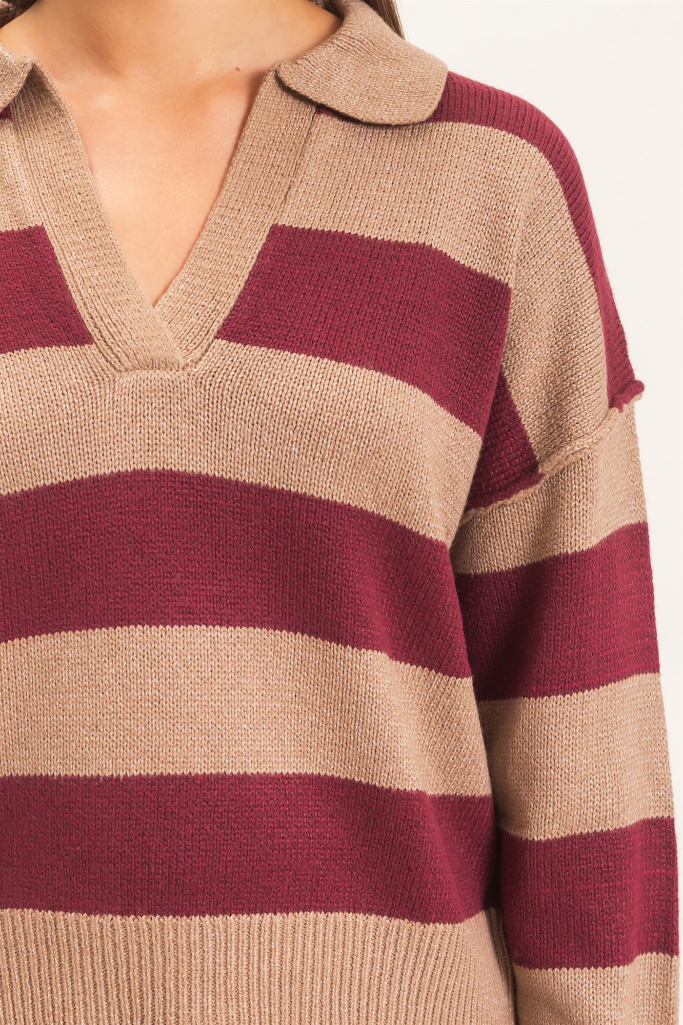 Wholesale Rugby Stripe Polo Sweater Sweaters DZ26E297 BURGUNDY DOUBLE ZERO