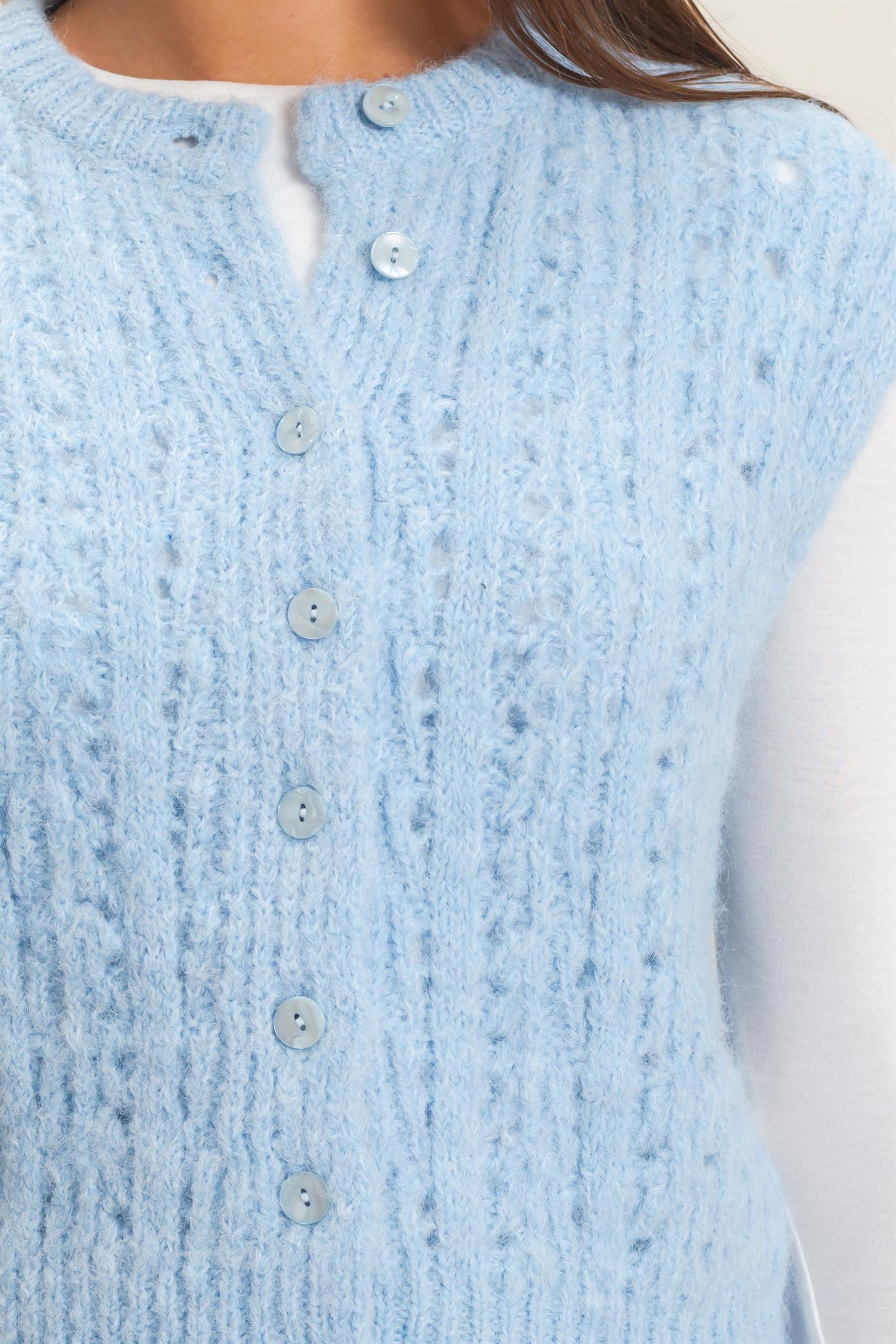 Wholesale Open Knit Sleeveless Button Front Sweater Vest Sweaters DZ26A829 ICE BLUE DOUBLE ZERO