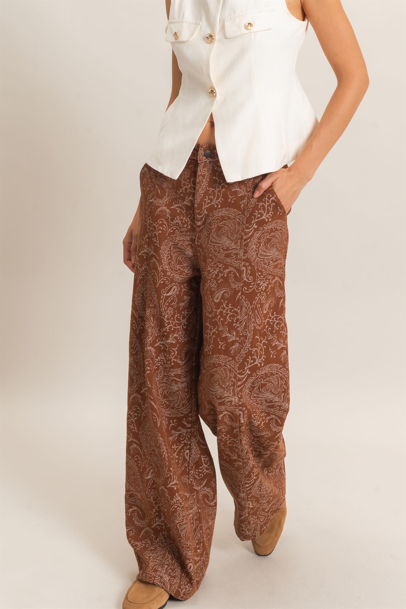 Wholesale Paisley Print Wide-Leg Pants Pants HF26F024 CHESTNUT HYFVE