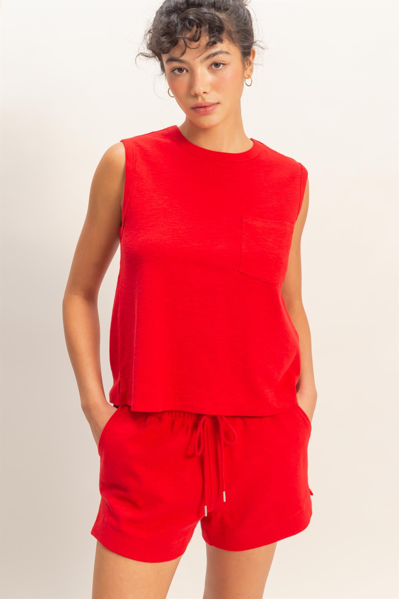 Wholesale Sleeveless Cotton Top With Pocket Clothing Tops DZ26A234 RED DOUBLE ZERO