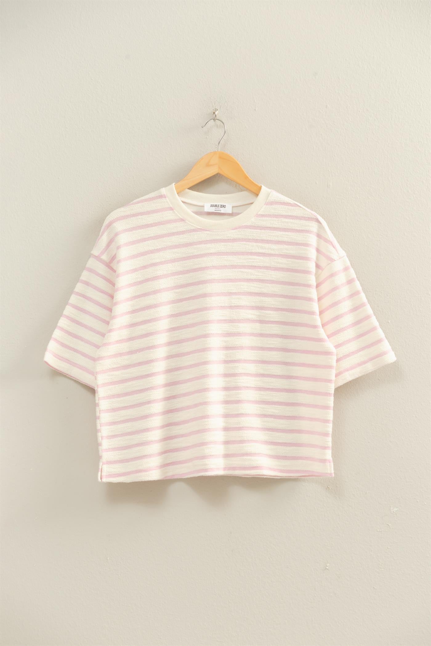 Wholesale Striped Short Sleeve Terry Crew Neck Top Clothing Tops DZ26A887 PINK DOUBLE ZERO