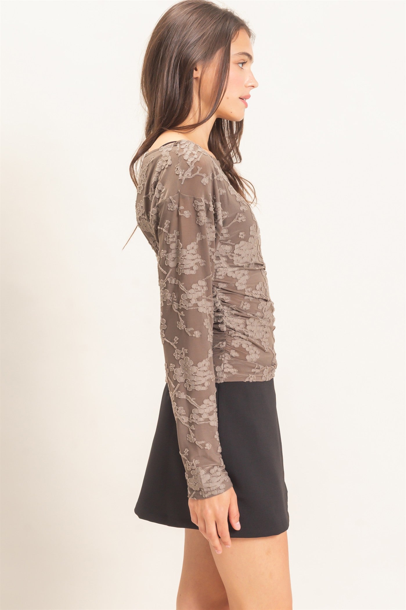 Wholesale Sheer Lace Boat Neck Top Blouses HF26E761 GRAY HYFVE