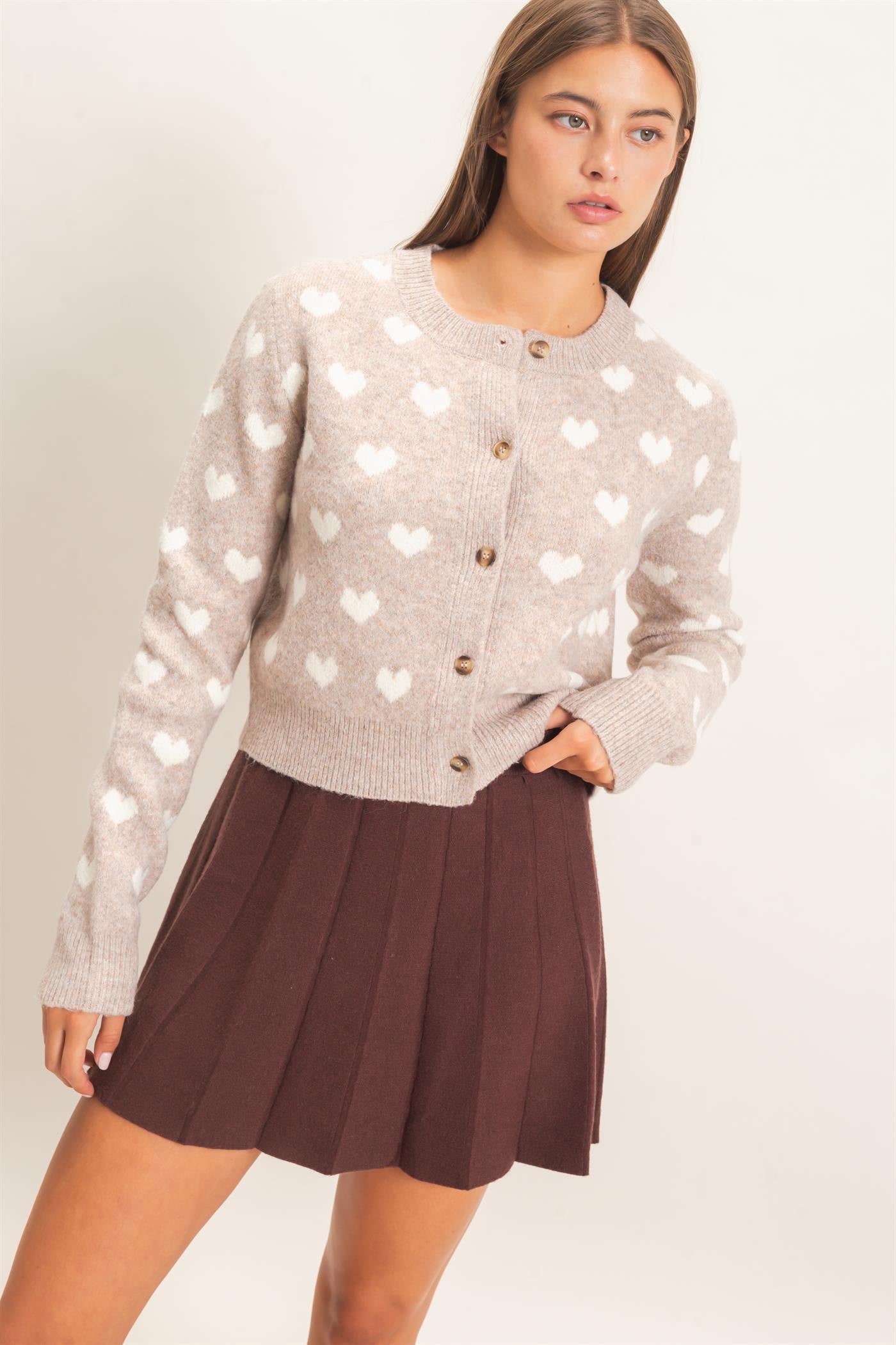 Wholesale Heart Pattern Cardigan Cardigans DZ26E320 TAUPE DOUBLE ZERO