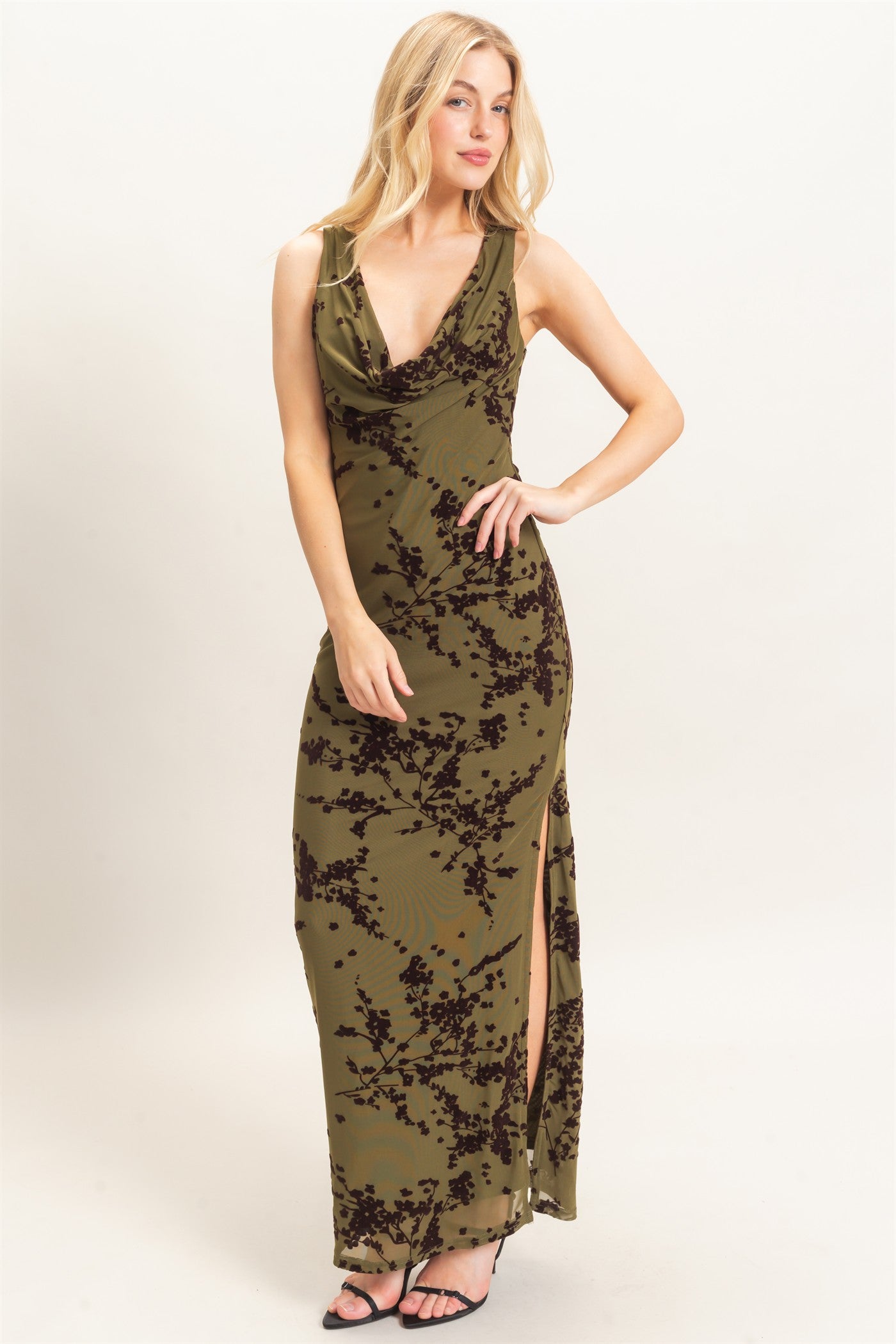 Wholesale Draped Cowl Neck Sleeveless Dress Dresses HF26C728 OLIVE HYFVE