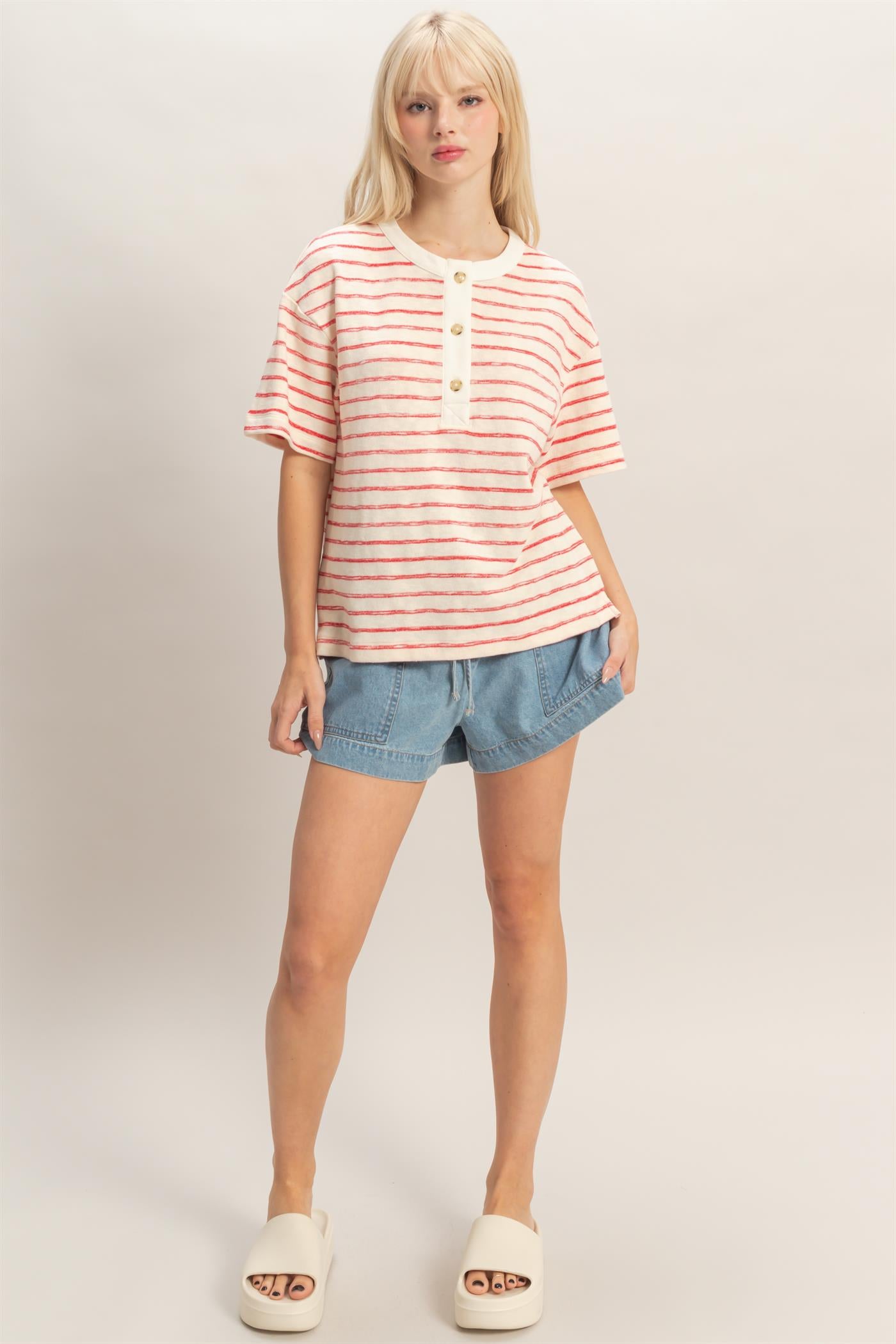 Wholesale Striped Short Sleeve Henley Top Clothing Tops DZ26A653 RED DOUBLE ZERO