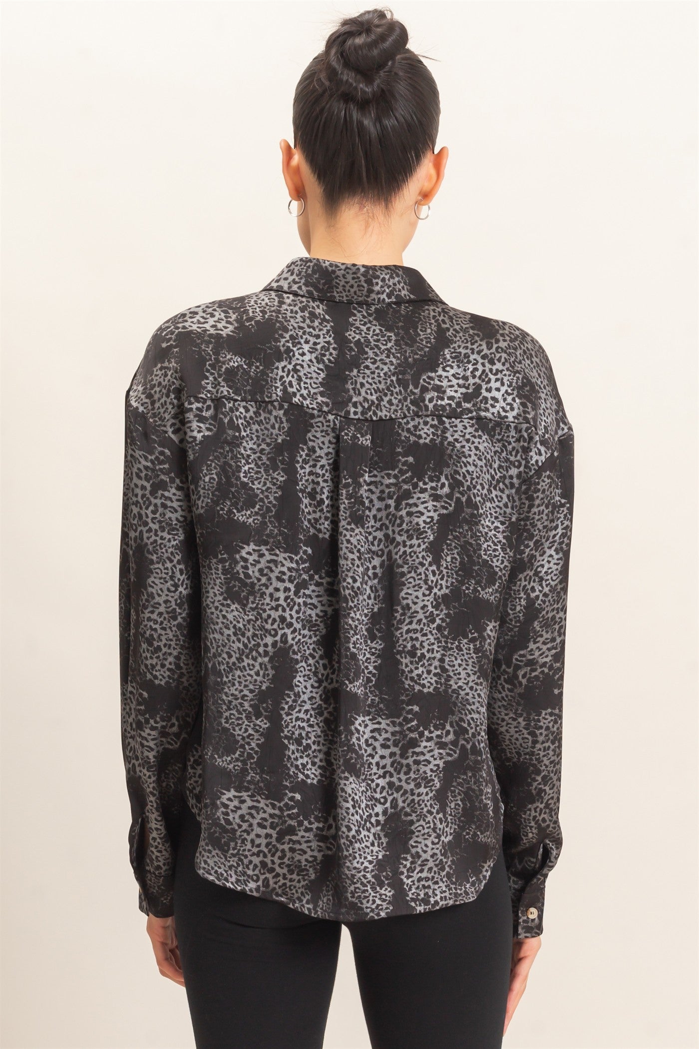 Wholesale Leopard Satin Button-Up Shirt Clothing Tops HF26E159 BLACK HYFVE