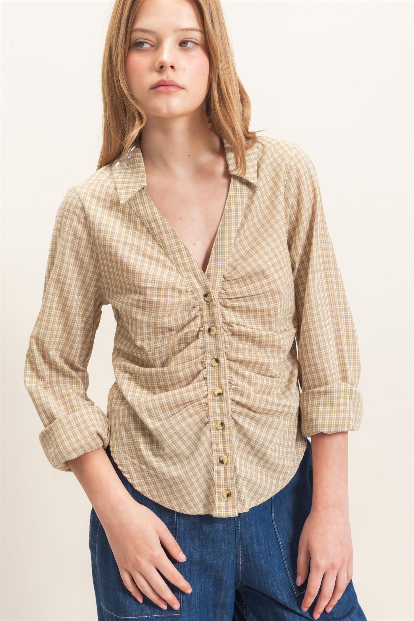 Wholesale Ruched Button-Down Shirt Blouses HF26E348 CREAM HYFVE