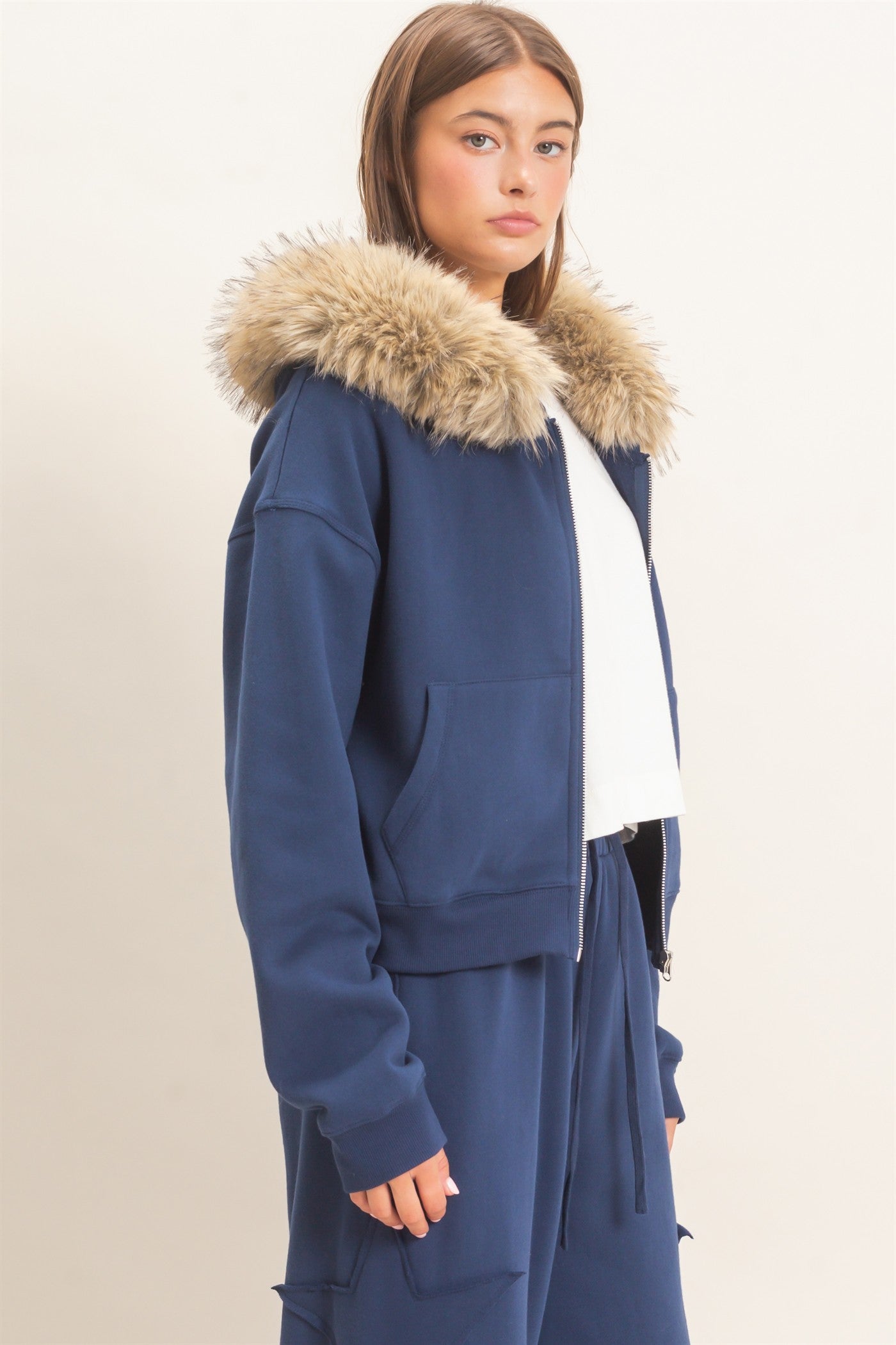 Wholesale Detachable Fur Zip Up Hoodie Hoodies DZ26F396 NAVY DOUBLE ZERO