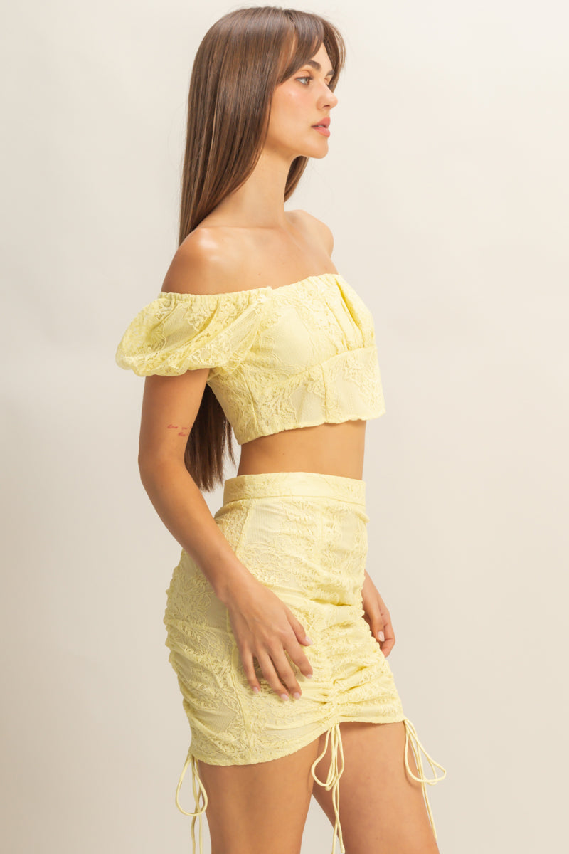 Wholesale Lace Off Shoulder Matching Skirt Set Clothing HF22F439-SET L.YELLOW HYFVE