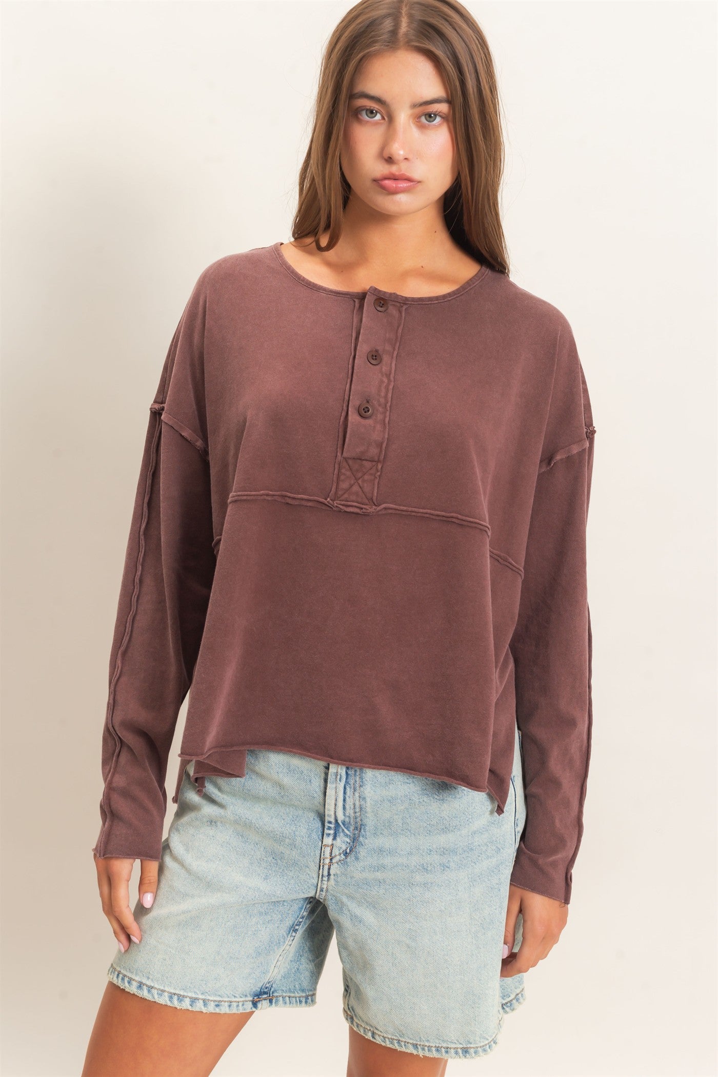 Wholesale Oversized Henley Top With Raw Edges Clothing Tops DZ26F128 DARK BROWN DOUBLE ZERO