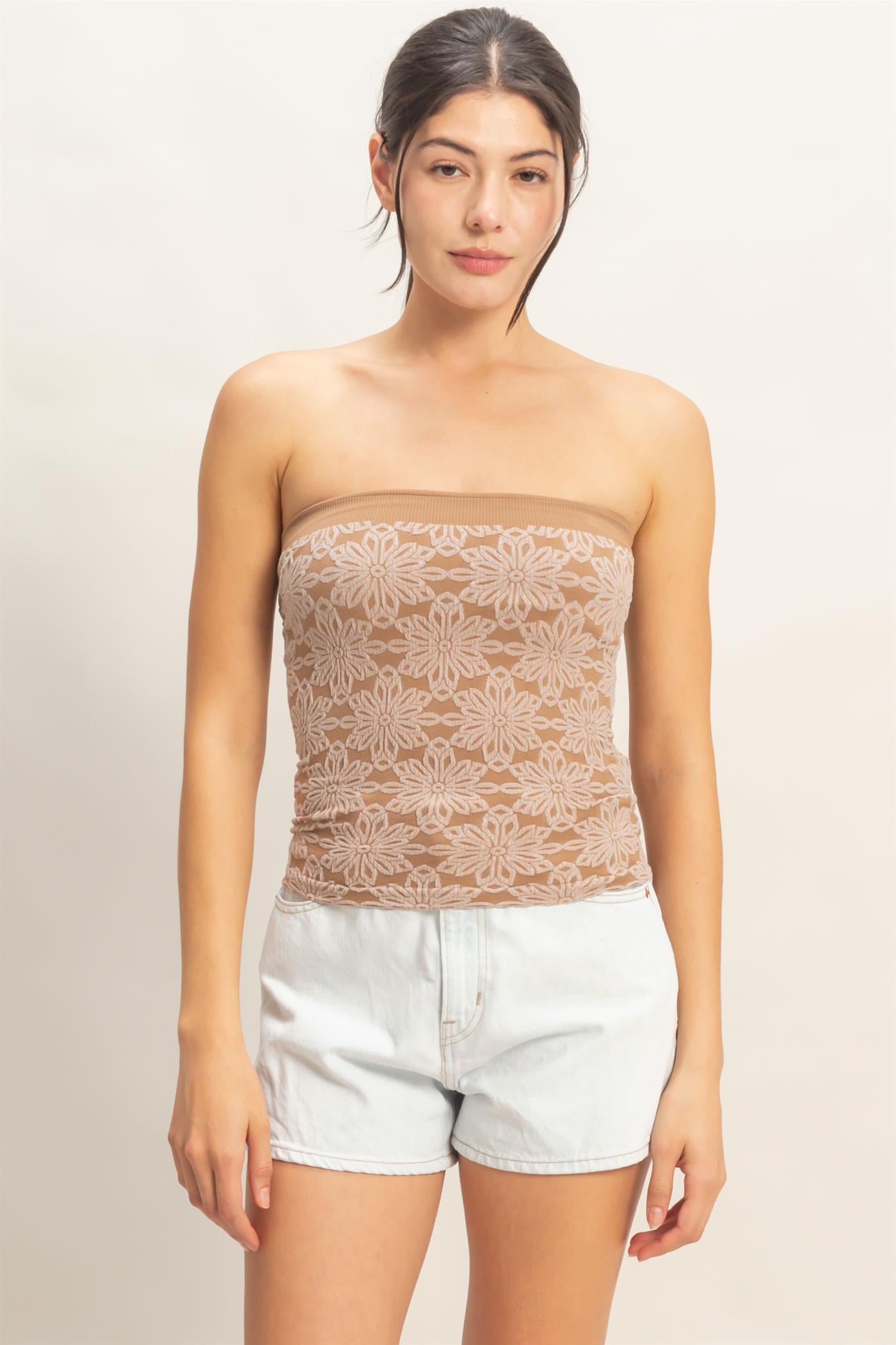 Wholesale Strapless Jacquard Top Clothing Tops HF26E219 TAUPE HYFVE