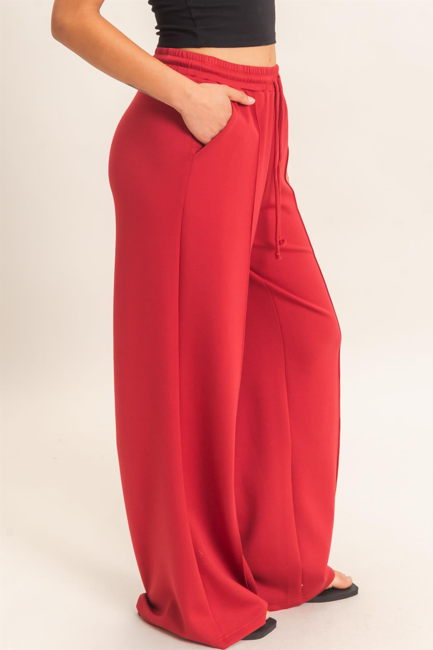 Wholesale Drawstring Waist Pintuck Wide Leg Pants Pants DZ26E384 DARK RED HYFVE