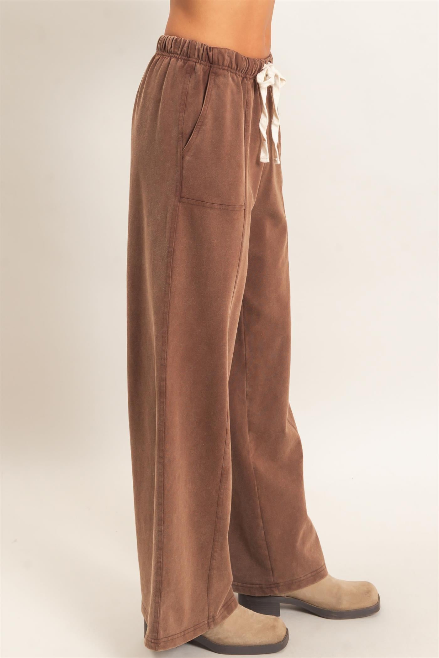 Wholesale Acid Wash Drawstring Waist Wide Leg Pants Pants DZ25A685 DARK BROWN DOUBLE ZERO