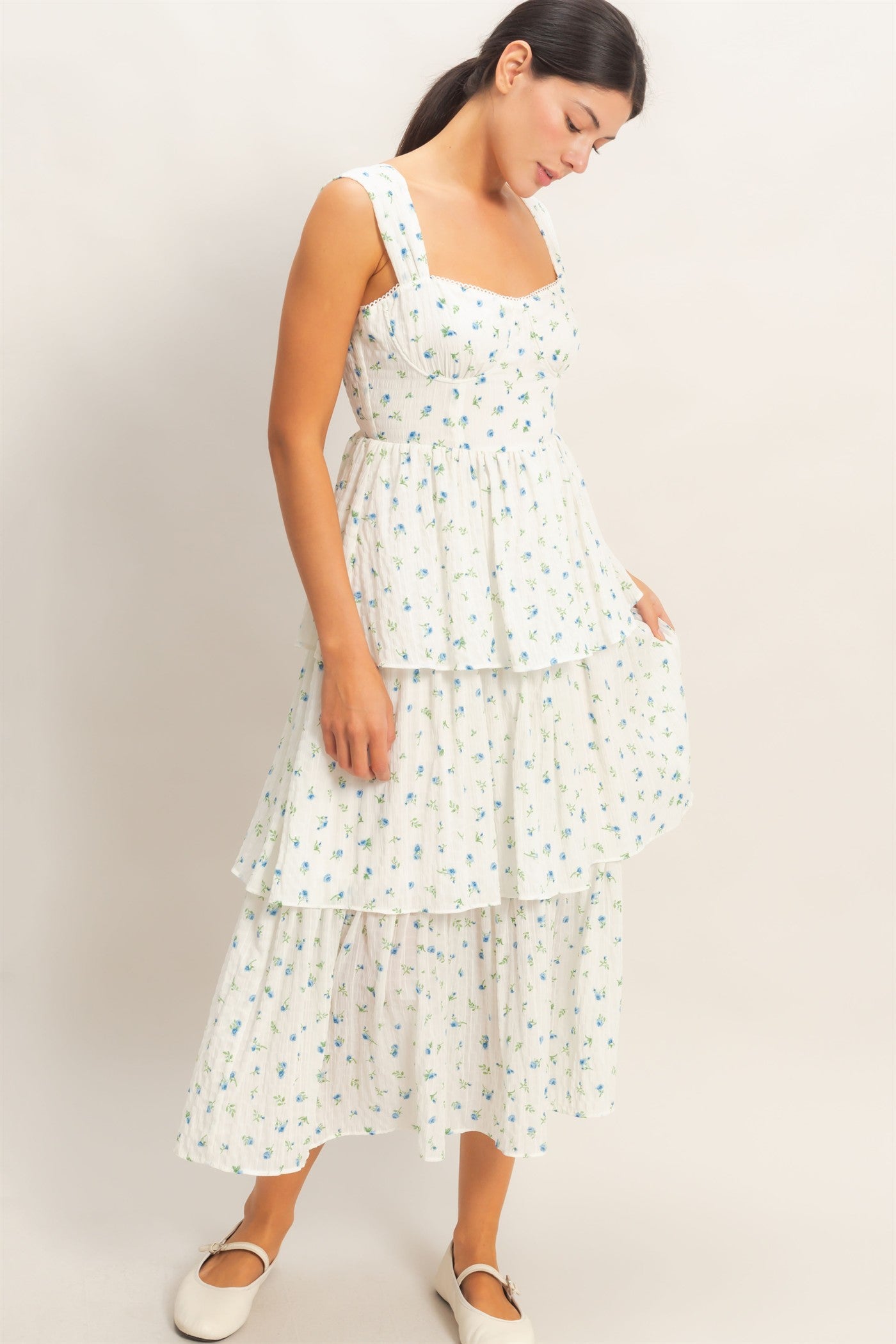 Wholesale Floral Tiered Dress With Boning Dresses HF26A142 IVORY HYFVE