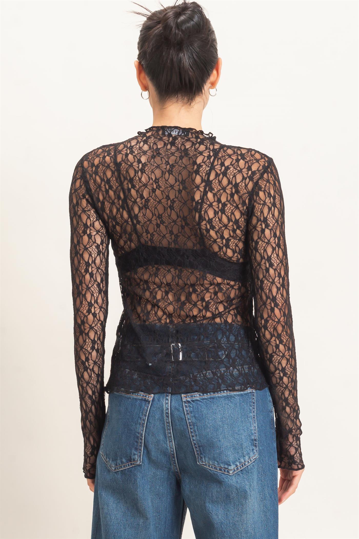 Wholesale Lace Mock Neck Long Sleeve Top Clothing Tops HF26E033-D BLACK HYFVE