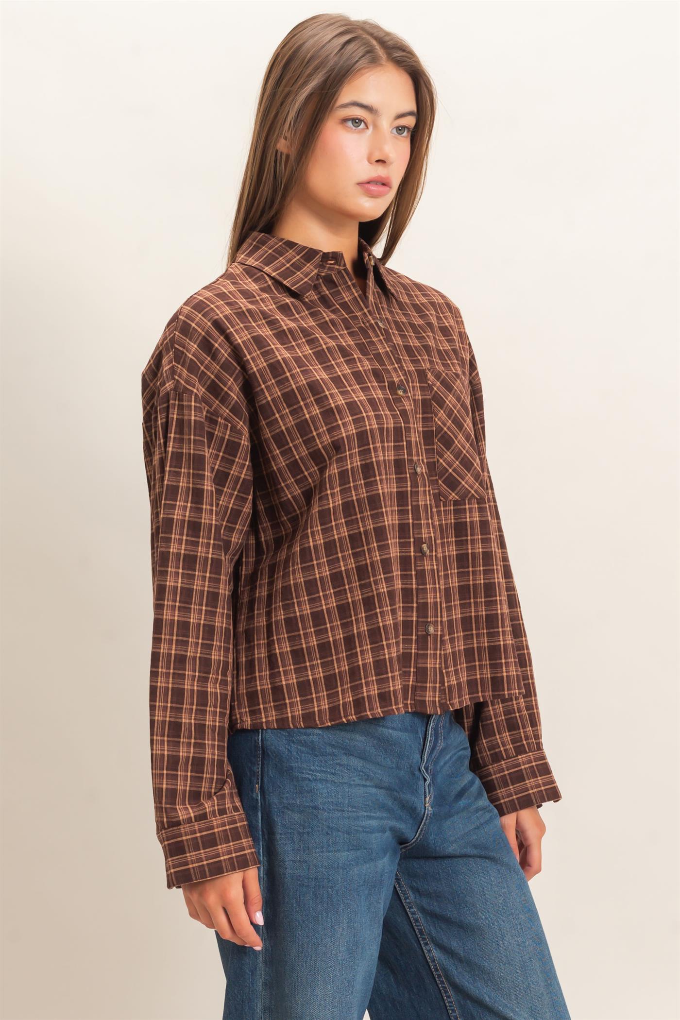 Wholesale Plaid Button-Up Shirt Clothing Tops DZ26E395 BROWN DOUBLE ZERO