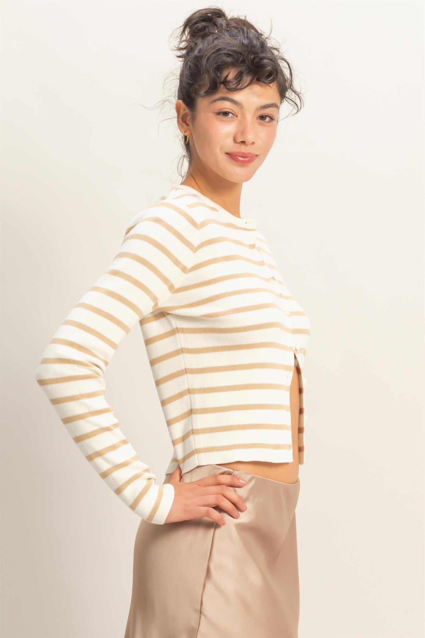 Wholesale Striped Button-Up Cardigan Cardigans DZ26C166 TAUPE DOUBLE ZERO