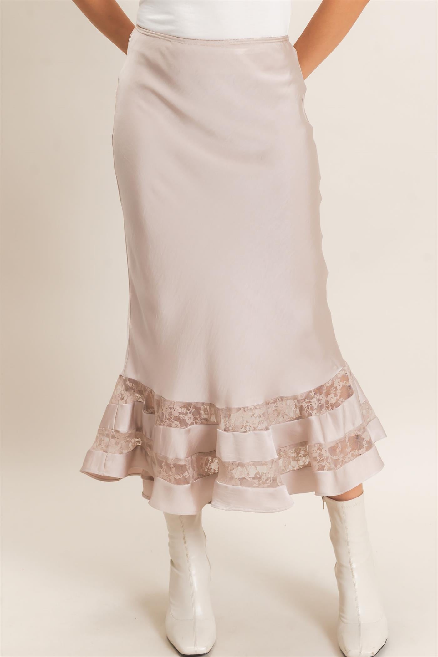 Wholesale Bias Cut Satin Skirt With Lace Hem Skirts HF26E306 CHAMPAGNE BEIGE HYFVE