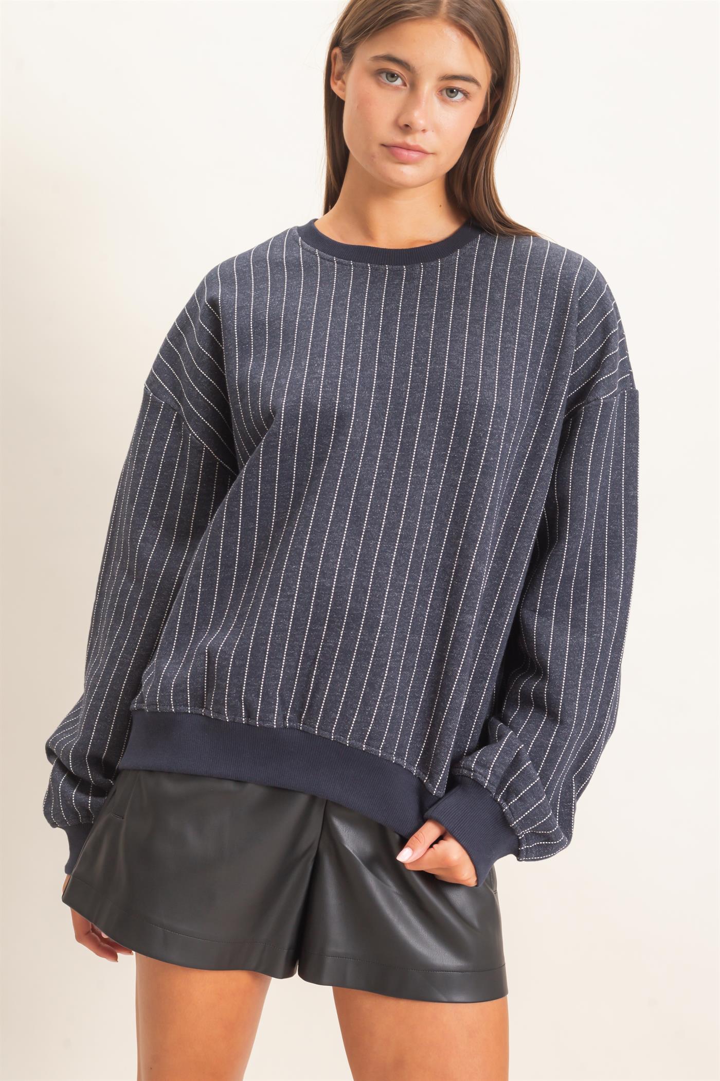Wholesale Pinstripe Crew Neck Sweatshirt Sweatshirts DZ26E627 NAVY DOUBLE ZERO