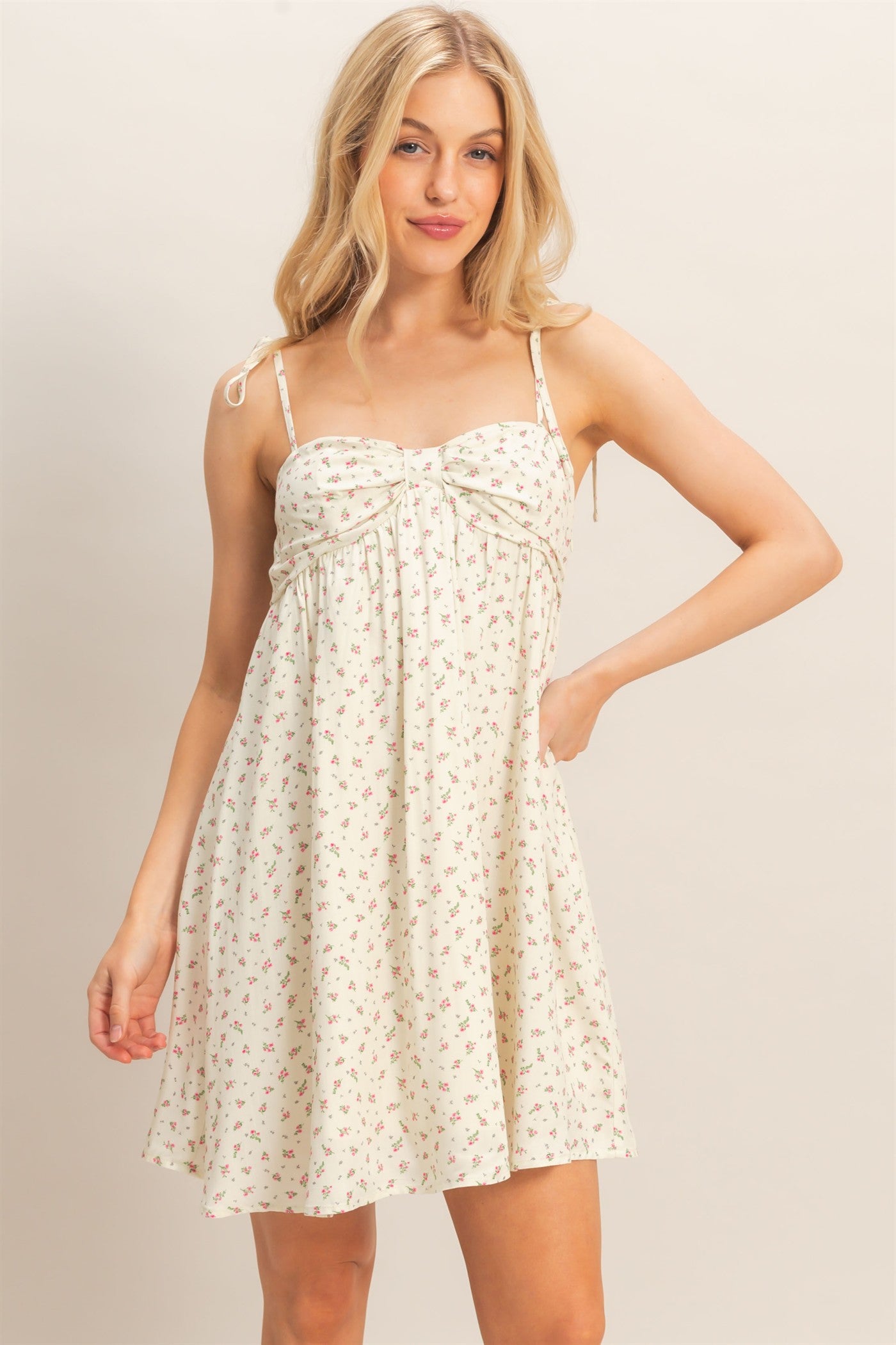 Wholesale Floral Print Tie Strap Mini Dress Dresses HF26C405 CREAM HYFVE