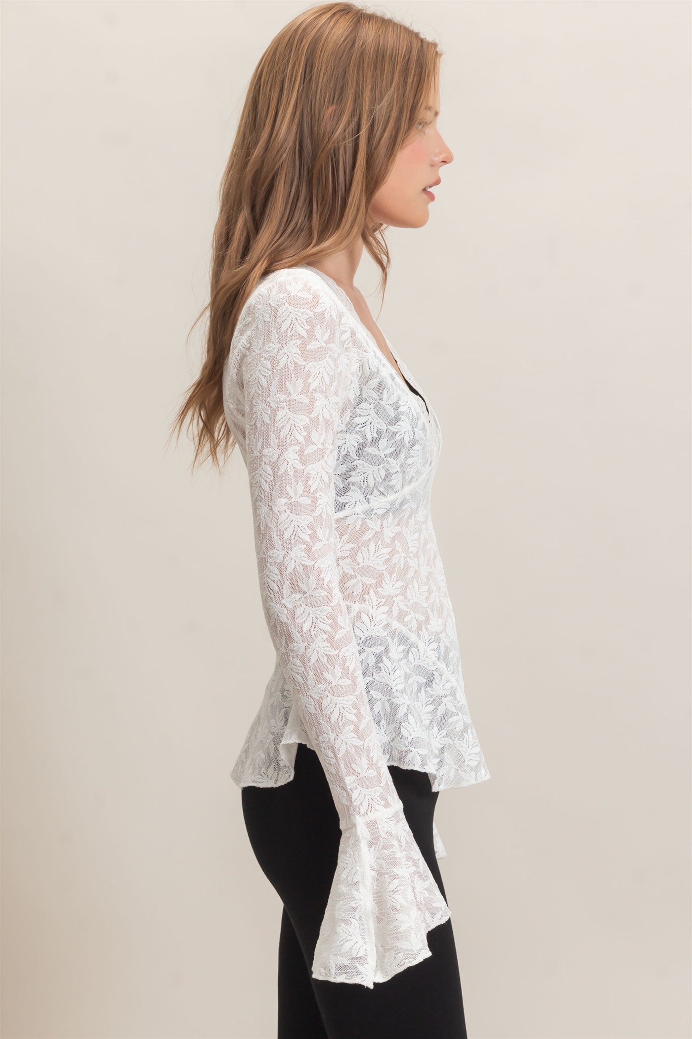 Wholesale Lace V-Neck Flare Sleeve Top Clothing Tops HF26E359 OFF WHITE HYFVE