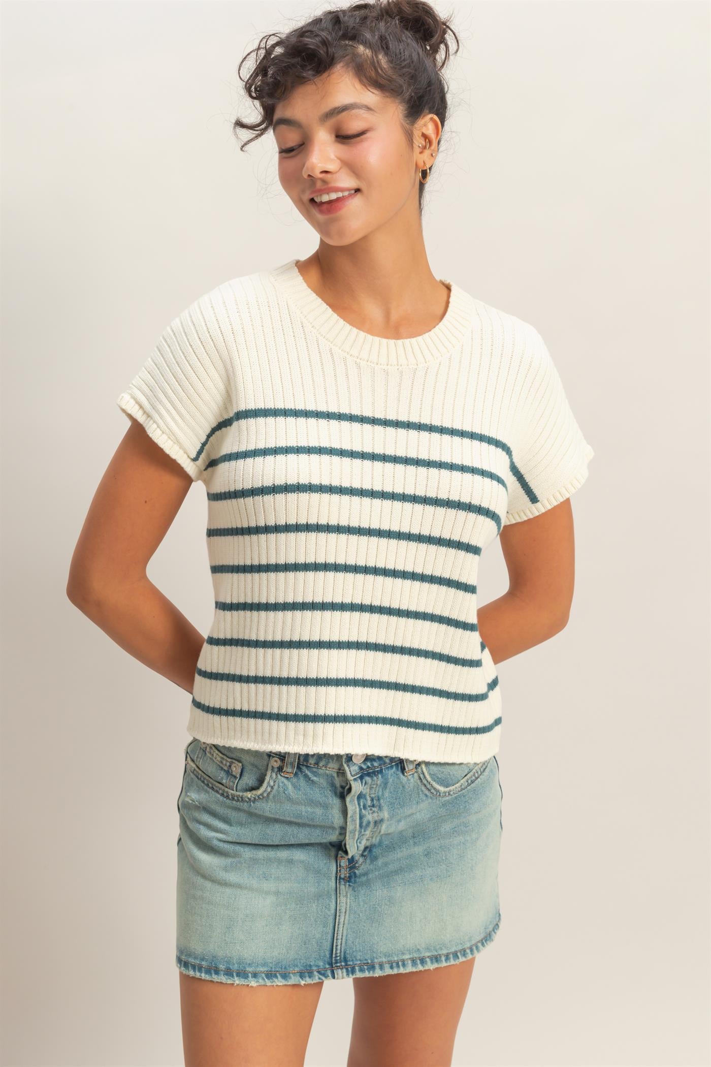 Wholesale Sleeveless Ribbed Striped Knit Top Clothing Tops DZ26A209 DARK TEAL DOUBLE ZERO