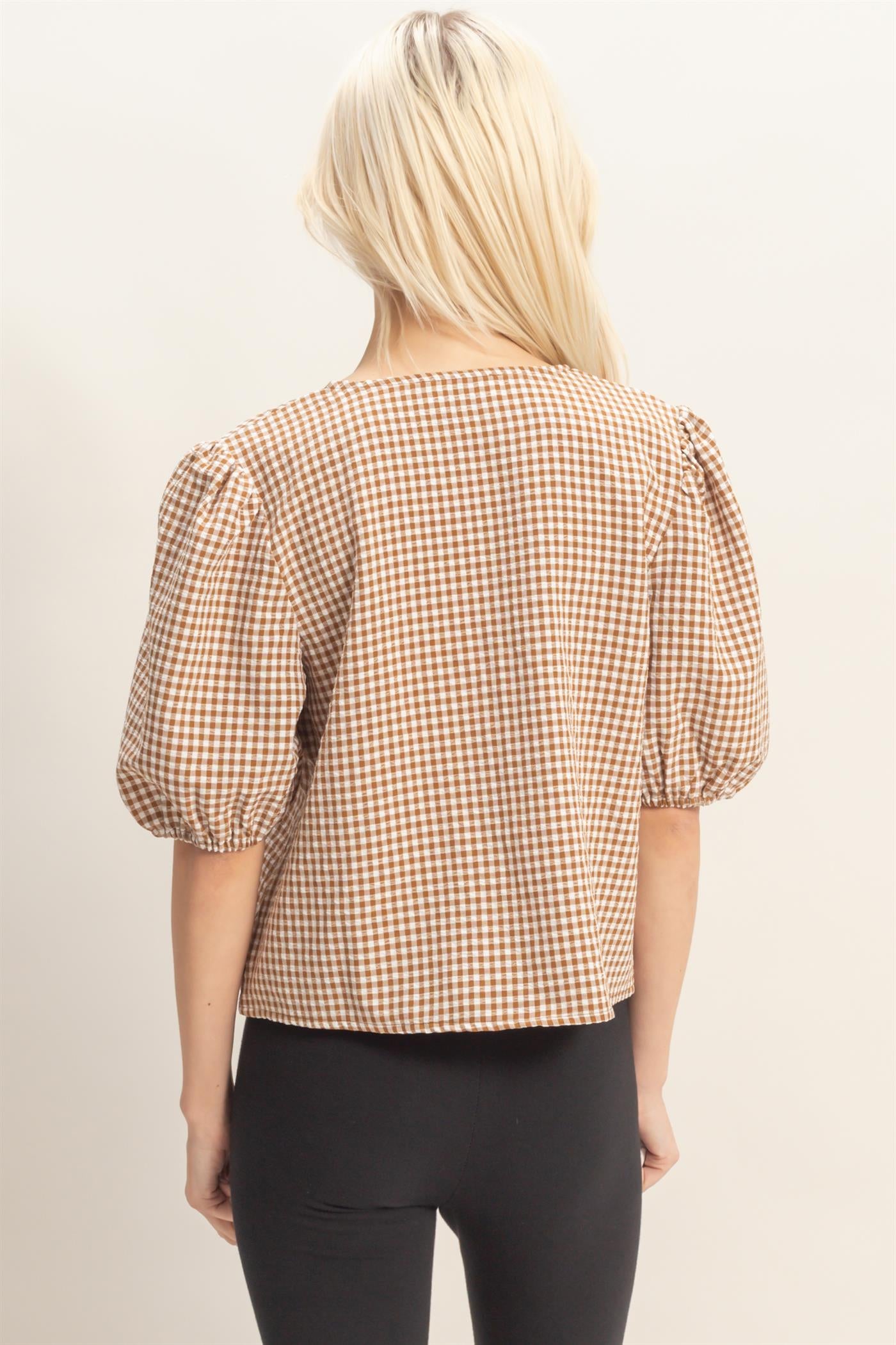 Wholesale Gingham Bow Tie Puff Sleeve Blouse Blouses DZ26C229 BROWN DOUBLE ZERO