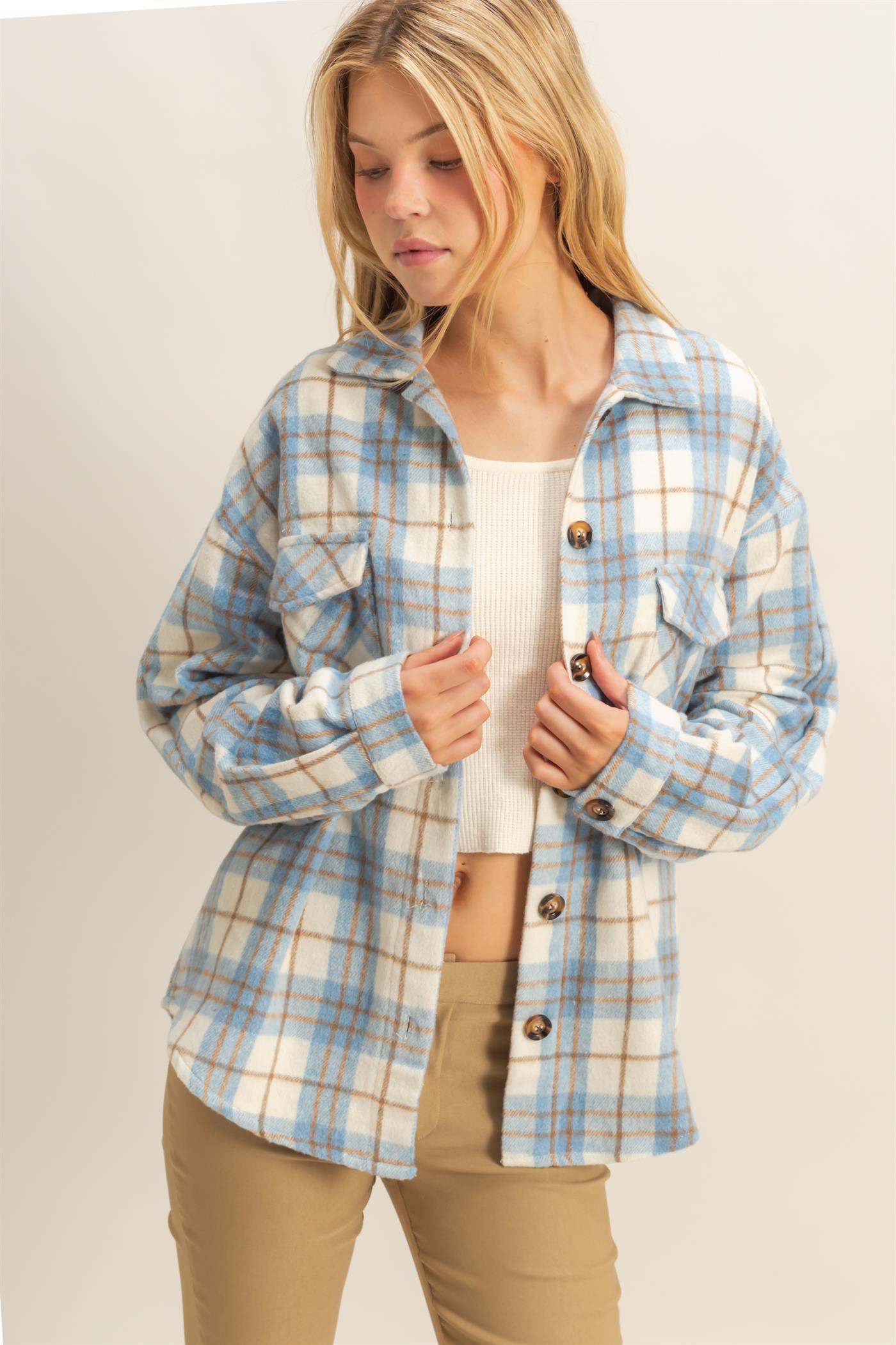 Wholesale Collared Plaid Shacket Shirts HF23G058 BLUE HYFVE